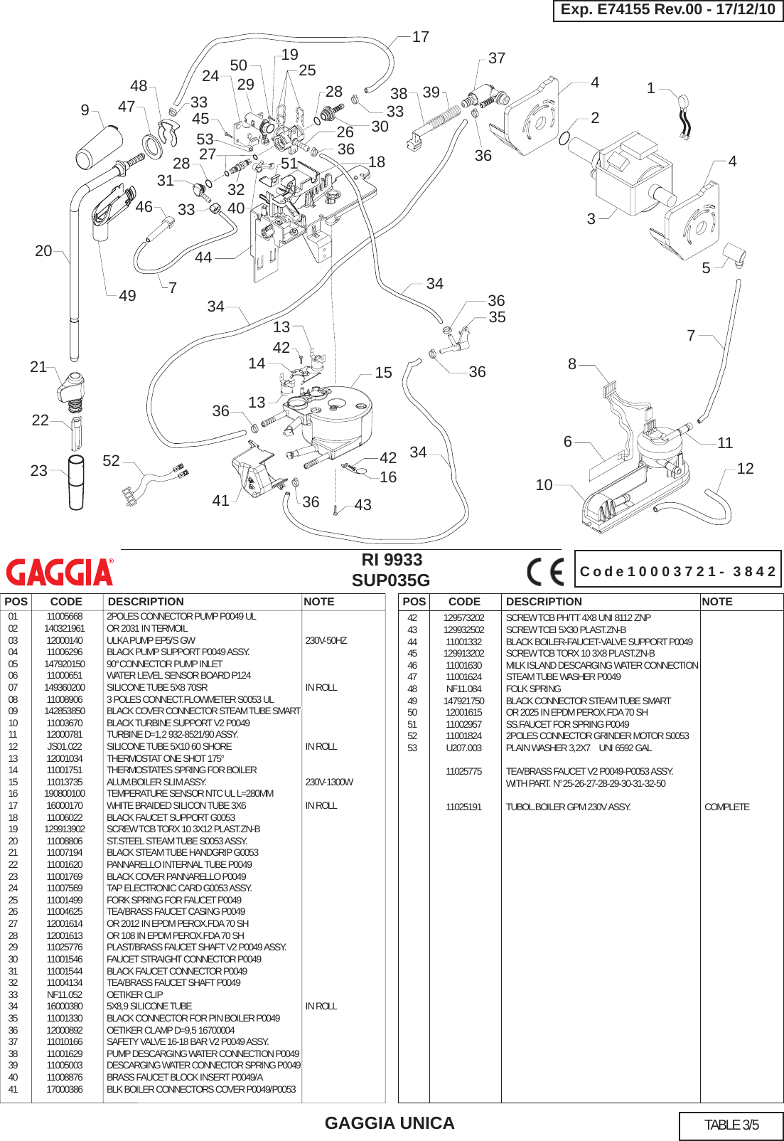 Page 3 of 5 - Gaggia Unica Parts Diagram E74155 Rev.00(SUP035G) User Manual