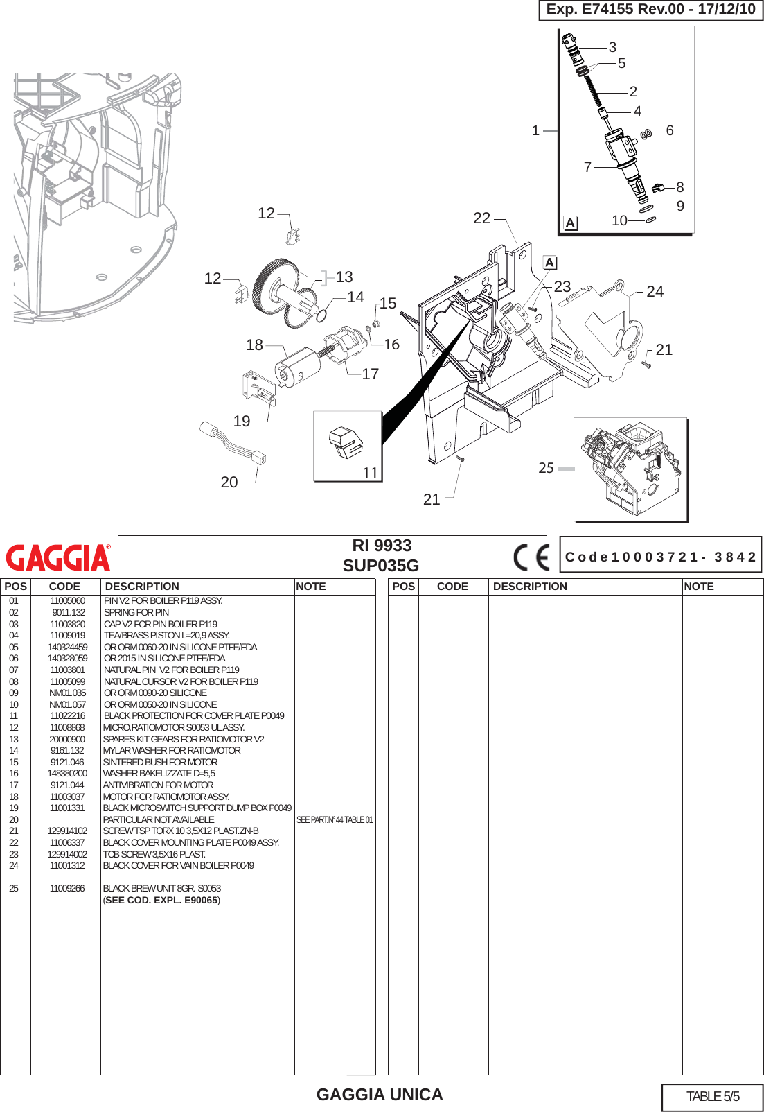 Page 5 of 5 - Gaggia Unica Parts Diagram E74155 Rev.00(SUP035G) User Manual