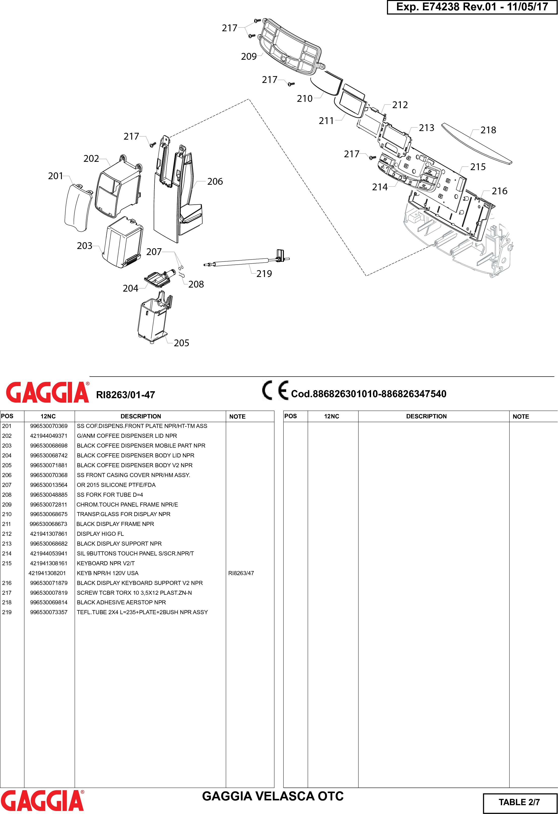 Page 2 of 7 - Gaggia Velasca Prestige Parts Diagram User Manual