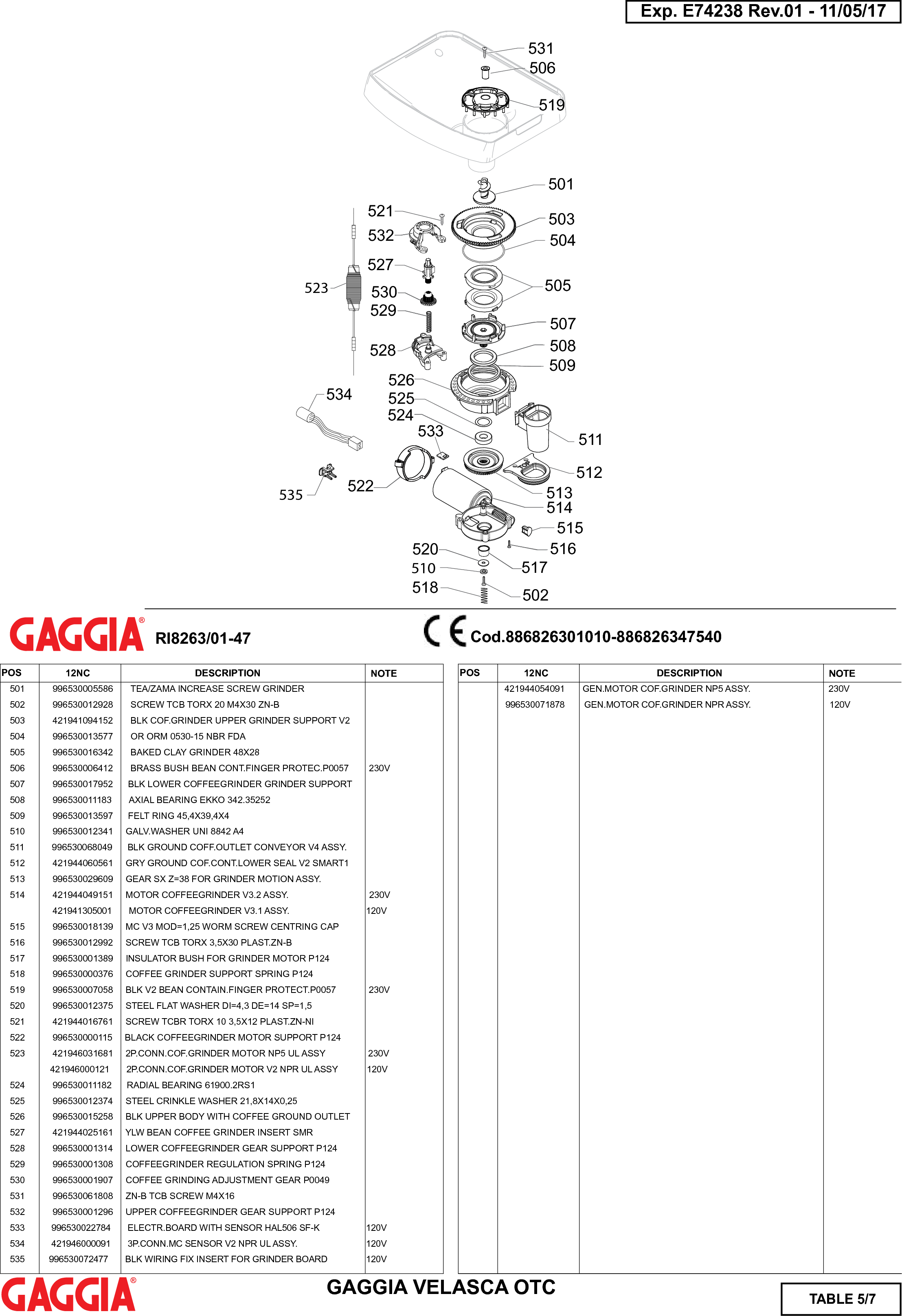 Page 5 of 7 - Gaggia Velasca Prestige Parts Diagram User Manual