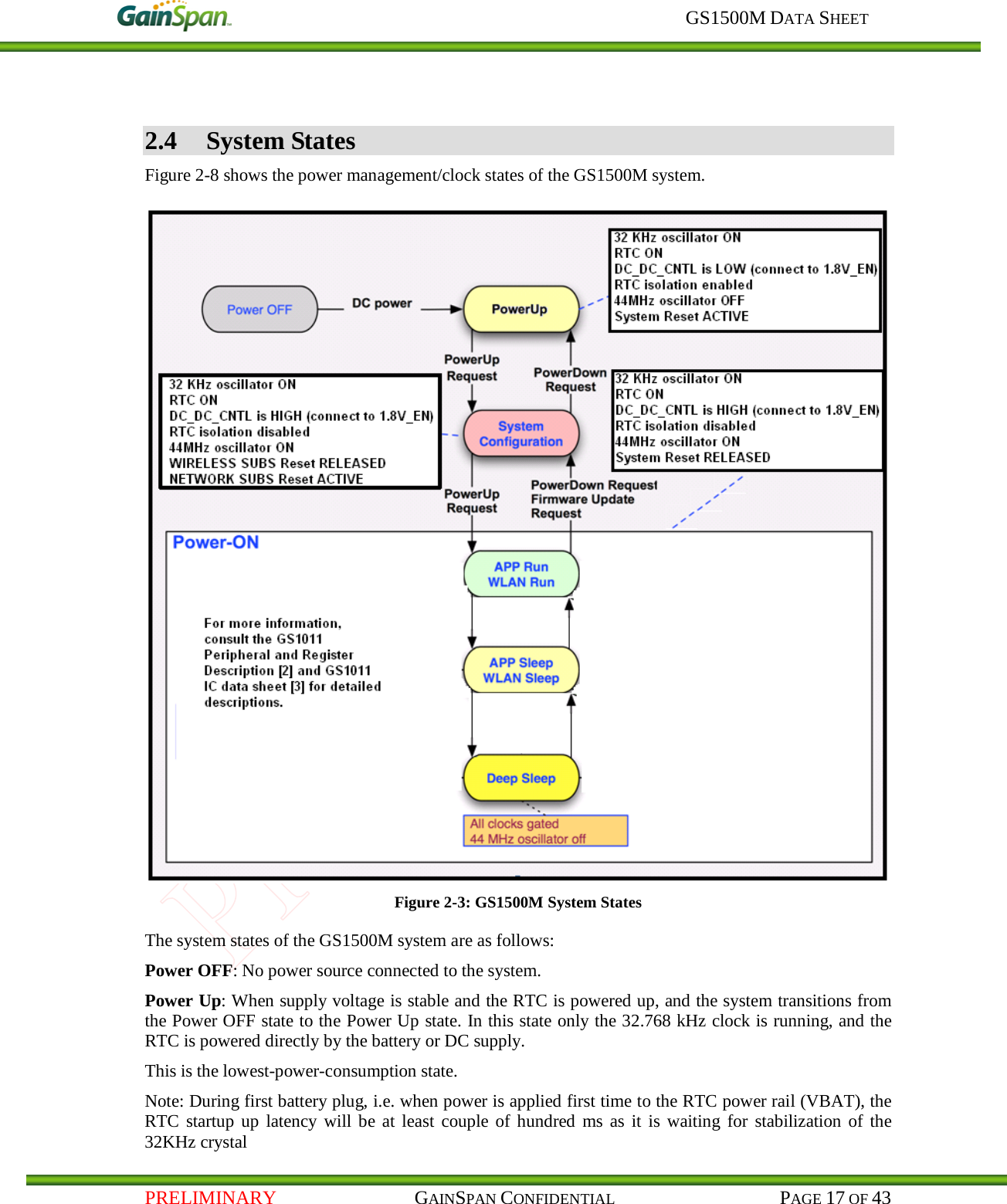     GS1500M DATA SHEET   PRELIMINARY                                    GAINSPAN CONFIDENTIAL                                           PAGE 17 OF 43  2.4 System States Figure 2-8 shows the power management/clock states of the GS1500M system.  Figure 2-3: GS1500M System States  The system states of the GS1500M system are as follows: Power OFF: No power source connected to the system. Power Up: When supply voltage is stable and the RTC is powered up, and the system transitions from the Power OFF state to the Power Up state. In this state only the 32.768 kHz clock is running, and the RTC is powered directly by the battery or DC supply. This is the lowest-power-consumption state.  Note: During first battery plug, i.e. when power is applied first time to the RTC power rail (VBAT), the RTC startup up latency will be at least couple of hundred ms as it is waiting for stabilization of the 32KHz crystal 