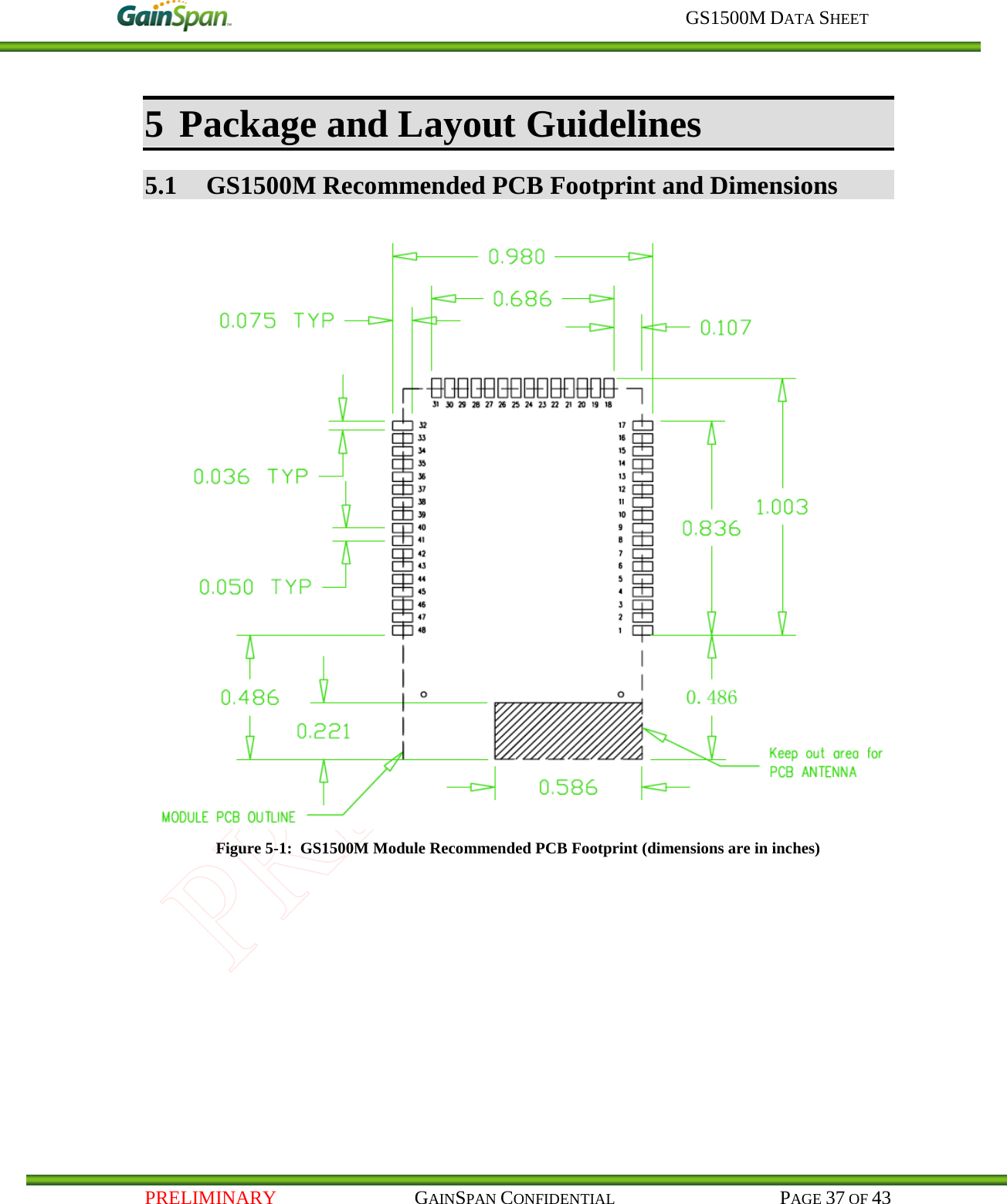     GS1500M DATA SHEET   PRELIMINARY                                    GAINSPAN CONFIDENTIAL                                           PAGE 37 OF 43 5 Package and Layout Guidelines 5.1 GS1500M Recommended PCB Footprint and Dimensions   Figure 5-1:  GS1500M Module Recommended PCB Footprint (dimensions are in inches) 