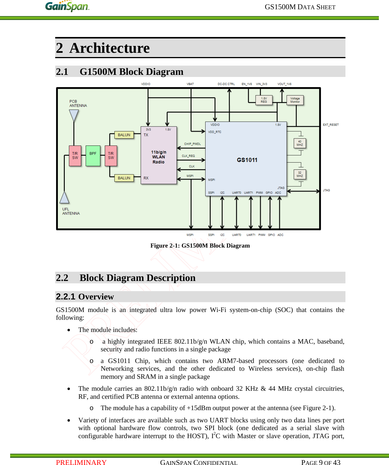     GS1500M DATA SHEET   PRELIMINARY                                    GAINSPAN CONFIDENTIAL                                           PAGE 9 OF 43 2 Architecture 2.1 G1500M Block Diagram  Figure 2-1: GS1500M Block Diagram  2.2 Block Diagram Description 2.2.1 Overview GS1500M  module  is  an  integrated ultra low power Wi-Fi system-on-chip (SOC) that contains the following: • The module includes: o  a highly integrated IEEE 802.11b/g/n WLAN chip, which contains a MAC, baseband, security and radio functions in a single package o a  GS1011  Chip, which contains  two ARM7-based processors (one dedicated to Networking services, and the other dedicated to Wireless services),  on-chip flash memory and SRAM in a single package • The module carries an 802.11b/g/n radio with onboard 32 KHz &amp; 44 MHz crystal circuitries, RF, and certified PCB antenna or external antenna options. o The module has a capability of +15dBm output power at the antenna (see Figure 2-1). • Variety of interfaces are available such as two UART blocks using only two data lines per port with optional hardware flow controls, two SPI block (one dedicated as a serial slave with configurable hardware interrupt to the HOST), I2C with Master or slave operation, JTAG port, 