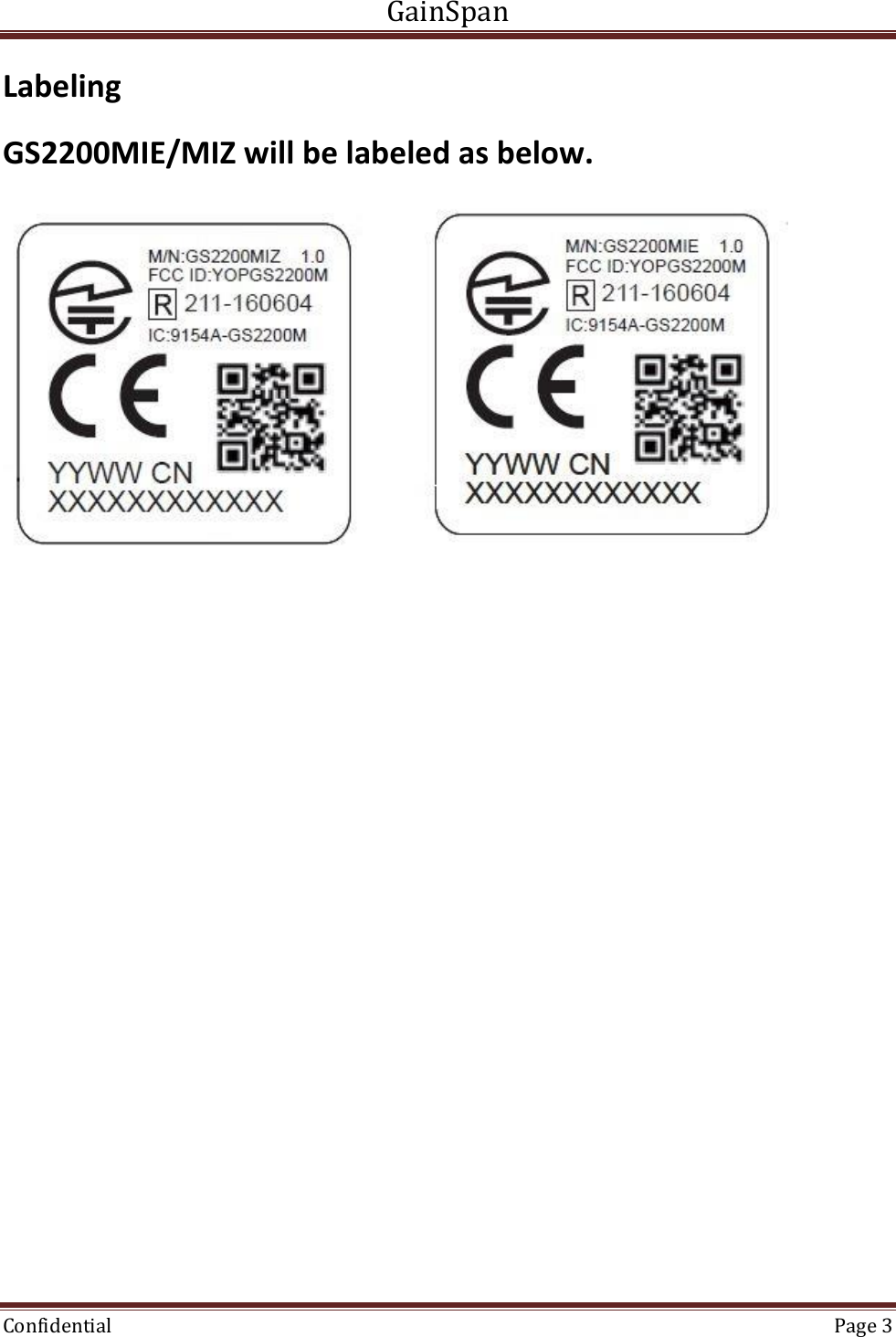 GainSpan  Confidential  Page 3  Labeling GS2200MIE/MIZ will be labeled as below.                             