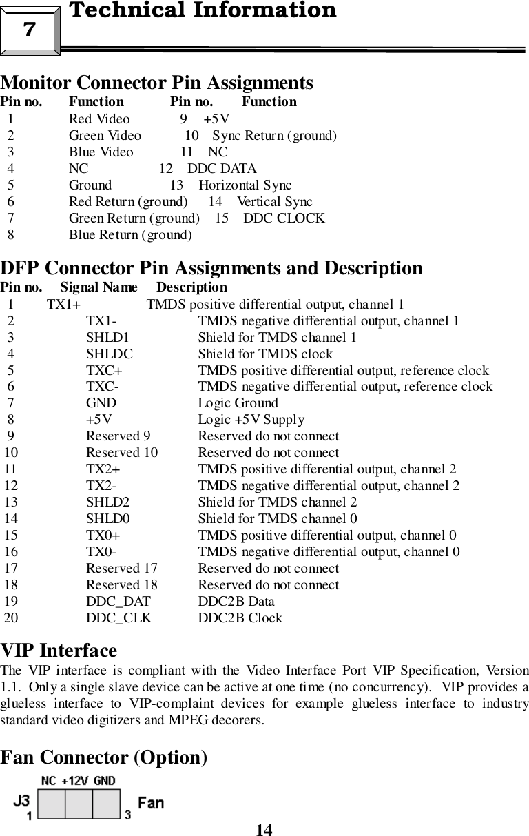 14Monitor Connector Pin AssignmentsPin no. Function             Pin no. Function  1 Red Video              9     +5V  2 Green Video            10    Sync Return (ground)  3 Blue Video             11    NC  4 NC                   12    DDC DATA  5 Ground                13    Horizontal Sync  6 Red Return (ground)      14    Vertical Sync  7 Green Return (ground)    15    DDC CLOCK  8 Blue Return (ground)DFP Connector Pin Assignments and DescriptionPin no.     Signal Name     Description  1         TX1+ TMDS positive differential output, channel 1  2 TX1- TMDS negative differential output, channel 1  3 SHLD1 Shield for TMDS channel 1  4 SHLDC Shield for TMDS clock  5 TXC+ TMDS positive differential output, reference clock  6 TXC- TMDS negative differential output, reference clock  7 GND Logic Ground  8 +5V Logic +5V Supply  9 Reserved 9 Reserved do not connect 10 Reserved 10 Reserved do not connect 11 TX2+ TMDS positive differential output, channel 2 12 TX2- TMDS negative differential output, channel 2 13  SHLD2 Shield for TMDS channel 2 14 SHLD0 Shield for TMDS channel 0 15 TX0+ TMDS positive differential output, channel 0 16 TX0- TMDS negative differential output, channel 0 17  Reserved 17 Reserved do not connect 18 Reserved 18 Reserved do not connect 19  DDC_DAT DDC2B Data 20 DDC_CLK DDC2B ClockVIP InterfaceThe VIP interface is compliant with the Video Interface Port VIP Specification, Version1.1.  Only a single slave device can be active at one time (no concurrency).  VIP provides aglueless interface to VIP-complaint devices for example glueless interface to industrystandard video digitizers and MPEG decorers.Fan Connector (Option)7  Technical Information