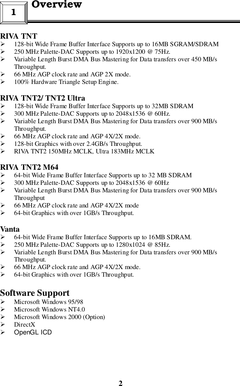 2RIVA TNT! 128-bit Wide Frame Buffer Interface Supports up to 16MB SGRAM/SDRAM! 250 MHz Palette-DAC Supports up to 1920x1200 @ 75Hz.! Variable Length Burst DMA Bus Mastering for Data transfers over 450 MB/sThroughput.! 66 MHz AGP clock rate and AGP 2X mode.! 100% Hardware Triangle Setup Engine.RIVA TNT2/ TNT2 Ultra! 128-bit Wide Frame Buffer Interface Supports up to 32MB SDRAM! 300 MHz Palette-DAC Supports up to 2048x1536 @ 60Hz.! Variable Length Burst DMA Bus Mastering for Data transfers over 900 MB/sThroughput.! 66 MHz AGP clock rate and AGP 4X/2X mode.! 128-bit Graphics with over 2.4GB/s Throughput.! RIVA TNT2 150MHz MCLK, Ultra 183MHz MCLKRIVA TNT2 M64! 64-bit Wide Frame Buffer Interface Supports up to 32 MB SDRAM! 300 MHz Palette-DAC Supports up to 2048x1536 @ 60Hz! Variable Length Burst DMA Bus Mastering for Data transfers over 900 MB/sThroughput! 66 MHz AGP clock rate and AGP 4X/2X mode! 64-bit Graphics with over 1GB/s Throughput.Vanta! 64-bit Wide Frame Buffer Interface Supports up to 16MB SDRAM.! 250 MHz Palette-DAC Supports up to 1280x1024 @ 85Hz.! Variable Length Burst DMA Bus Mastering for Data transfers over 900 MB/sThroughput.! 66 MHz AGP clock rate and AGP 4X/2X mode.! 64-bit Graphics with over 1GB/s Throughput.Software Support! Microsoft Windows 95/98! Microsoft Windows NT4.0! Microsoft Windows 2000 (Option)! DirectX! OpenGL ICD1  Overview