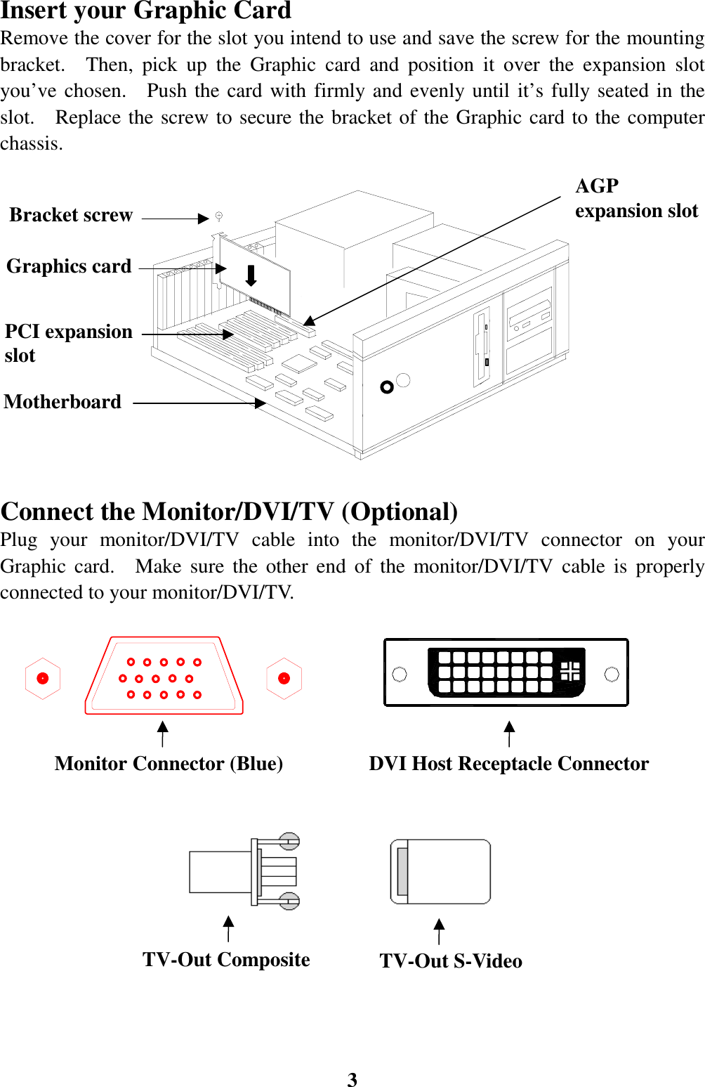 3Insert your Graphic CardRemove the cover for the slot you intend to use and save the screw for the mountingbracket.  Then, pick up the Graphic card and position it over the expansion slotyou’ve chosen.  Push the card with firmly and evenly until it’s fully seated in theslot.  Replace the screw to secure the bracket of the Graphic card to the computerchassis.                                                                          Connect the monitor/LCDConnect the Monitor/DVI/TV (Optional)Plug your monitor/DVI/TV cable into the monitor/DVI/TV connector on yourGraphic card.  Make sure the other end of the monitor/DVI/TV cable is properlyconnected to your monitor/DVI/TV.                                                                                             PCI expansionslotGraphics cardBracket screwMotherboardMonitor Connector (Blue)AGPexpansion slotDVI Host Receptacle ConnectorTV-Out Composite TV-Out S-Video