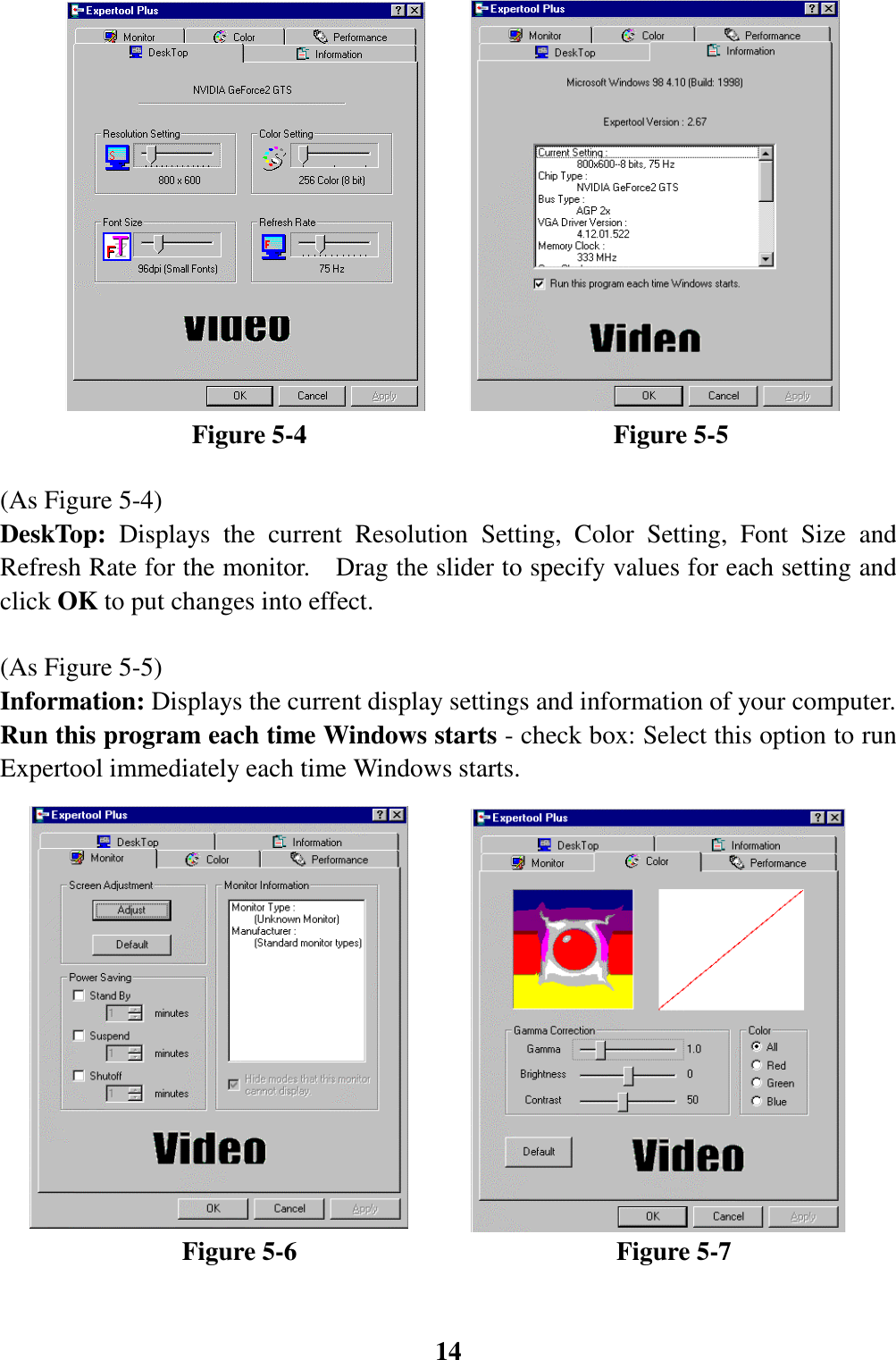 14               Figure 5-4                        Figure 5-5(As Figure 5-4)DeskTop: Displays the current Resolution Setting, Color Setting, Font Size andRefresh Rate for the monitor.    Drag the slider to specify values for each setting andclick OK to put changes into effect.(As Figure 5-5)Information: Displays the current display settings and information of your computer.Run this program each time Windows starts - check box: Select this option to runExpertool immediately each time Windows starts.              Figure 5-6                         Figure 5-7    