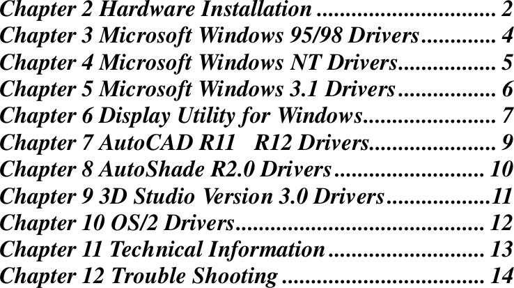 Chapter 2 Hardware Installation ............................... 2Chapter 3 Microsoft Windows 95/98 Drivers............. 4Chapter 4 Microsoft Windows NT Drivers................. 5Chapter 5 Microsoft Windows 3.1 Drivers................. 6Chapter 6 Display Utility for Windows....................... 7Chapter 7 AutoCAD R11R12 Drivers...................... 9Chapter 8 AutoShade R2.0 Drivers.......................... 10Chapter 9 3D Studio Version 3.0 Drivers..................11Chapter 10 OS/2 Drivers........................................... 12Chapter 11 Technical Information........................... 13Chapter 12 Trouble Shooting ................................... 14