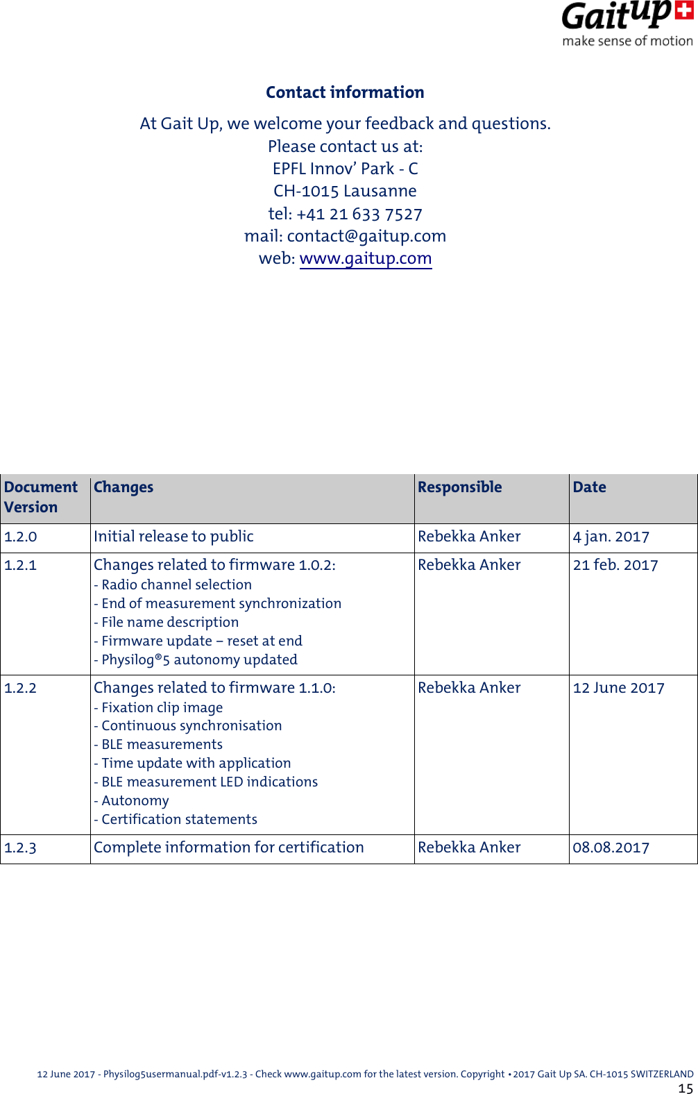  12 June 2017 - Physilog5usermanual.pdf-v1.2.3 - Check www.gaitup.com for the latest version. Copyright 􂡥2017 Gait Up SA. CH-1015 SWITZERLAND               15 Contact information At Gait Up, we welcome your feedback and questions. Please contact us at: EPFL Innov&rsquo; Park - C CH-1015 Lausanne tel: +41 21 633 7527 mail: contact@gaitup.com web: www.gaitup.com          Document Version Changes Responsible Date 1.2.0 Initial release to public Rebekka Anker 4 jan. 2017 1.2.1 Changes related to firmware 1.0.2: - Radio channel selection - End of measurement synchronization - File name description - Firmware update &ndash; reset at end - Physilog&reg;5 autonomy updated Rebekka Anker 21 feb. 2017 1.2.2 Changes related to firmware 1.1.0: - Fixation clip image - Continuous synchronisation - BLE measurements - Time update with application - BLE measurement LED indications - Autonomy - Certification statements Rebekka Anker 12 June 2017 1.2.3 Complete information for certification Rebekka Anker 08.08.2017  