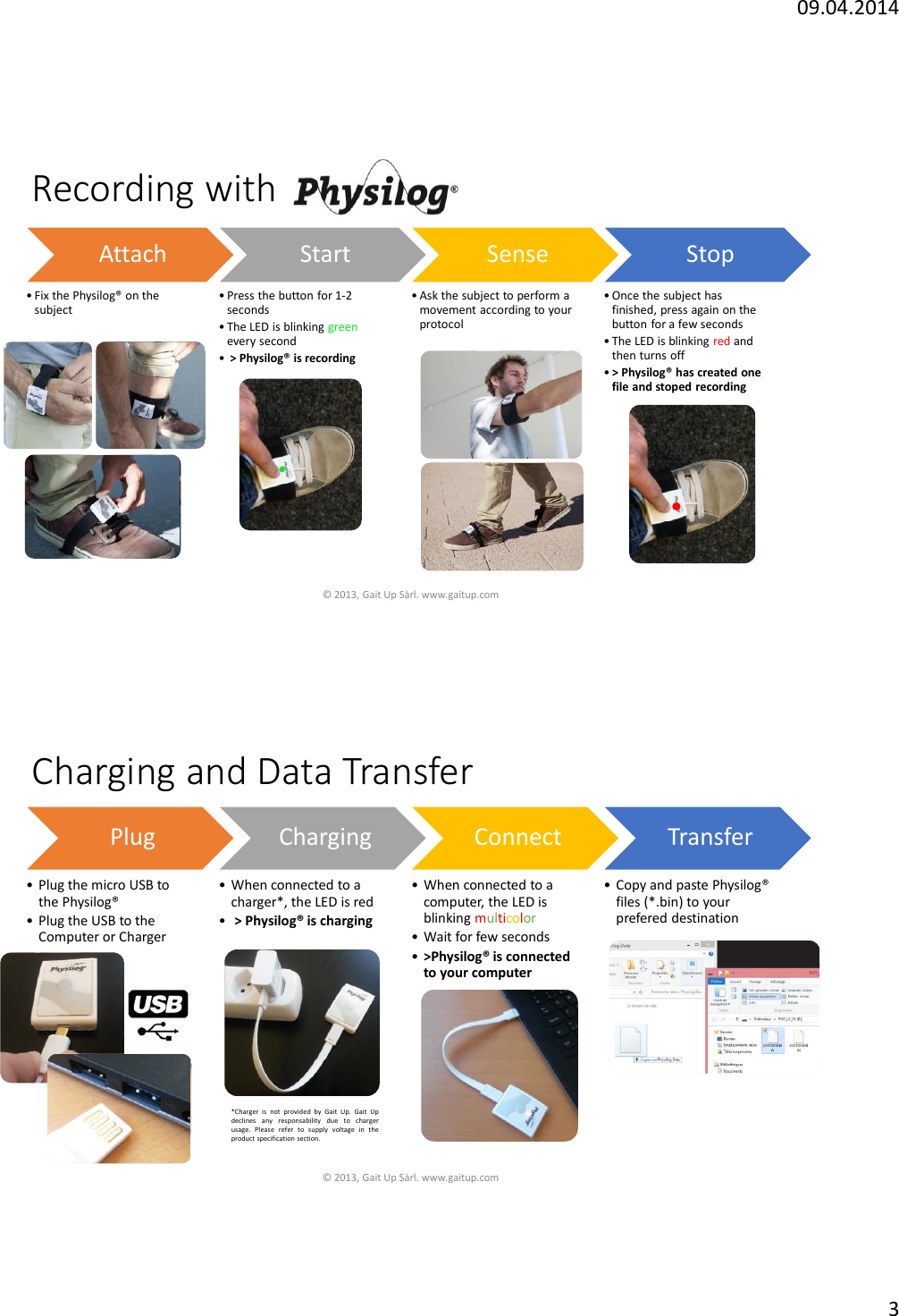 09.04.20143Recording with Physilog&reg; &copy; 2013, Gait Up S&agrave;rl. www.gaitup.comAttach&bull;Fix the Physilog&reg; on the subjectStart&bull;Press the button for 1-2 seconds&bull;The LED is blinking greenevery second&bull;> Physilog&reg; is recordingSense&bull;Ask the subject to perform a movement according to yourprotocolStop&bull;Once the subject has finished, press again on the button for a few seconds&bull;The LED is blinking red and then turns off&bull;> Physilog&reg; has created one file and stoped recordingorCharging and Data TransferPlug&bull;Plug the micro USB to the Physilog&reg;&bull;Plug the USB to the Computer or ChargerCharging&bull;When connected to a charger*, the LED is red&bull;> Physilog&reg; is chargingConnect&bull;When connected to a computer, the LED isblinking multicolor&bull;Wait for few seconds&bull;>Physilog&reg; is connectedto your computerTransfer&bull;Copy and paste Physilog&reg;files (*.bin) to yourprefered destination*Charger is not provided by Gait Up. Gait Updeclines any responsability due to chargerusage. Please refer to supply voltage in theproduct specification section.&copy; 2013, Gait Up S&agrave;rl. www.gaitup.com