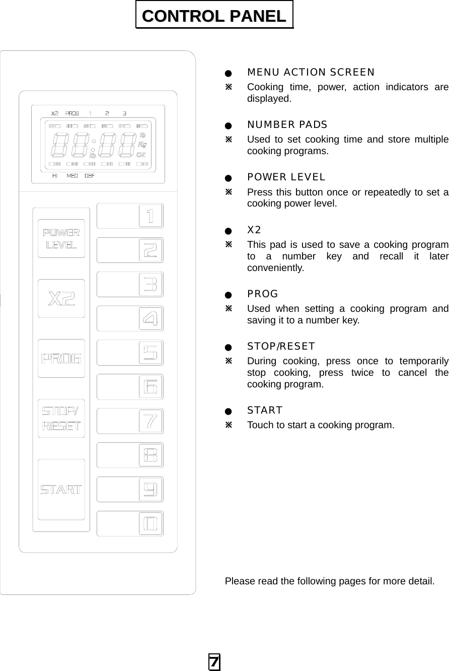  7  Q MENU ACTION SCREEN Ú Cooking time, power, action indicators are displayed. Q NUMBER PADS Ú Used to set cooking time and store multiple cooking programs.   Q POWER LEVEL Ú Press this button once or repeatedly to set a cooking power level.   Q X2  Ú This pad is used to save a cooking program to a number key and recall it later conveniently. Q PROG Ú Used when setting a cooking program and saving it to a number key. Q STOP/RESET Ú During cooking, press once to temporarily stop cooking, press twice to cancel the cooking program. Q START Ú Touch to start a cooking program.          Please read the following pages for more detail.   CCOONNTTRROOLL  PPAANNEELL  