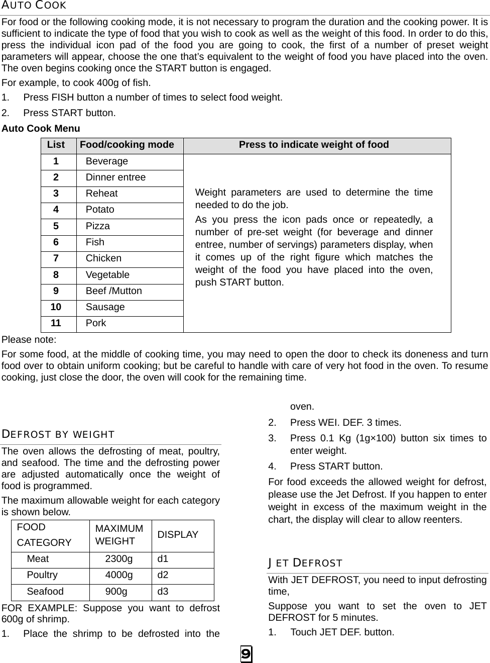  9 AUTO COOK For food or the following cooking mode, it is not necessary to program the duration and the cooking power. It is sufficient to indicate the type of food that you wish to cook as well as the weight of this food. In order to do this, press the individual icon pad of the food you are going to cook, the first of a number of preset weight parameters will appear, choose the one that’s equivalent to the weight of food you have placed into the oven. The oven begins cooking once the START button is engaged. For example, to cook 400g of fish. 1.  Press FISH button a number of times to select food weight. 2. Press START button. Auto Cook Menu List  Food/cooking mode  Press to indicate weight of food 1  Beverage  2  Dinner entree 3  Reheat  4  Potato  5  Pizza  6  Fish 7  Chicken 8  Vegetable 9  Beef /Mutton 10  Sausage 11  Pork   Weight parameters are used to determine the time needed to do the job.   As you press the icon pads once or repeatedly, a number of pre-set weight (for beverage and dinner entree, number of servings) parameters display, when it comes up of the right figure which matches the weight of the food you have placed into the oven, push START button.  Please note: For some food, at the middle of cooking time, you may need to open the door to check its doneness and turn food over to obtain uniform cooking; but be careful to handle with care of very hot food in the oven. To resume cooking, just close the door, the oven will cook for the remaining time.  DEFROST BY WEIGHT The oven allows the defrosting of meat, poultry, and seafood. The time and the defrosting power are adjusted automatically once the weight of food is programmed.   The maximum allowable weight for each category is shown below. FOOD CATEGORY MAXIMUM WEIGHT  DISPLAY   Meat    2300g  d1   Poultry    4000g  d2   Seafood    900g  d3 FOR EXAMPLE: Suppose you want to defrost 600g of shrimp. 1.  Place the shrimp to be defrosted into the oven. 2.  Press WEI. DEF. 3 times. 3.  Press 0.1 Kg (1g×100) button six times to enter weight. 4. Press START button. For food exceeds the allowed weight for defrost, please use the Jet Defrost. If you happen to enter weight in excess of the maximum weight in the chart, the display will clear to allow reenters.   JET DEFROST With JET DEFROST, you need to input defrosting time,  Suppose you want to set the oven to JET DEFROST for 5 minutes. 1.  Touch JET DEF. button. 