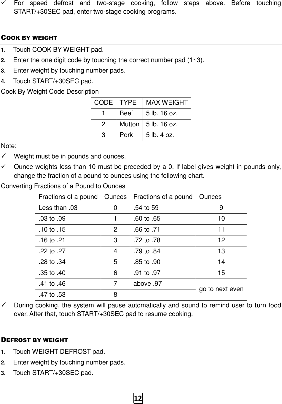   12 ✓  For  speed  defrost  and  two-stage  cooking,  follow  steps  above.  Before  touching START/+30SEC pad, enter two-stage cooking programs. COOK BY WEIGHT 1. Touch COOK BY WEIGHT pad. 2. Enter the one digit code by touching the correct number pad (1~3). 3. Enter weight by touching number pads. 4. Touch START/+30SEC pad. Cook By Weight Code Description CODE TYPE MAX WEIGHT 1 Beef 5 lb. 16 oz. 2 Mutton 5 lb. 16 oz. 3 Pork 5 lb. 4 oz. Note: ✓  Weight must be in pounds and ounces.   ✓  Ounce weights less than 10 must be preceded by a 0. If label gives weight in pounds only, change the fraction of a pound to ounces using the following chart. Converting Fractions of a Pound to Ounces Fractions of a pound Ounces Fractions of a pound Ounces Less than .03 0 .54 to 59 9 .03 to .09 1 .60 to .65 10 .10 to .15 2 .66 to .71 11 .16 to .21 3 .72 to .78 12 .22 to .27 4 .79 to .84 13 .28 to .34 5 .85 to .90 14 .35 to .40 6 .91 to .97 15 .41 to .46 7 above .97 go to next even .47 to .53 8  ✓  During cooking, the system will pause automatically and sound to remind user to turn food over. After that, touch START/+30SEC pad to resume cooking. DEFROST BY WEIGHT 1. Touch WEIGHT DEFROST pad. 2. Enter weight by touching number pads. 3. Touch START/+30SEC pad. 