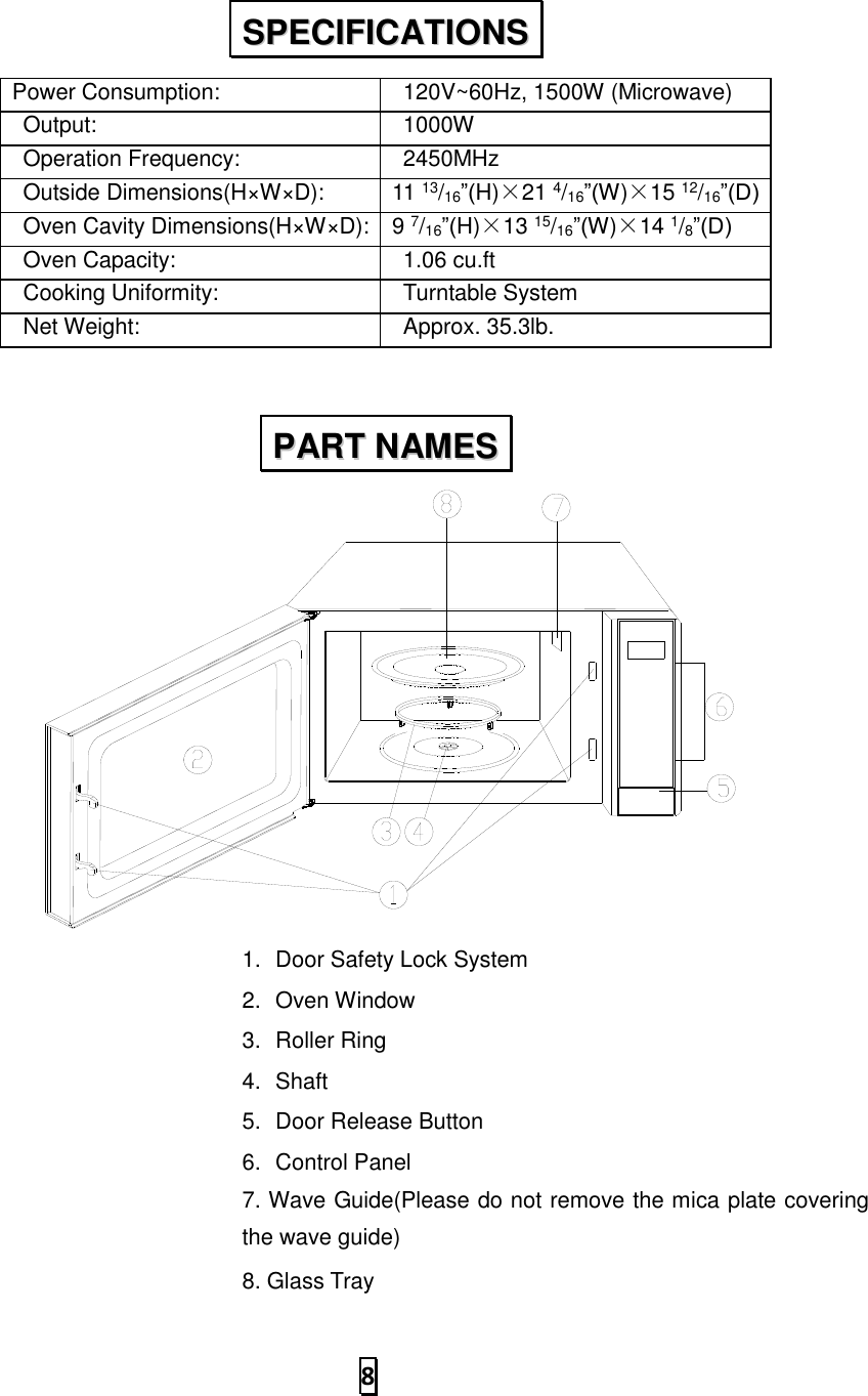  8  Power Consumption:  120V~60Hz, 1500W (Microwave)   Output:  1000W   Operation Frequency:   2450MHz   Outside Dimensions(H×W×D): 11 13/16”(H)×21 4/16”(W)×15 12/16”(D)   Oven Cavity Dimensions(H×W×D): 9 7/16”(H)×13 15/16”(W)×14 1/8”(D)   Oven Capacity:     1.06 cu.ft   Cooking Uniformity:     Turntable System   Net Weight:     Approx. 35.3lb.               1.   Door Safety Lock System 2.   Oven Window 3.   Roller Ring 4.   Shaft 5.   Door Release Button 6.   Control Panel   7. Wave Guide(Please do not remove the mica plate covering the wave guide) 8. Glass Tray SSPPEECCIIFFIICCAATTIIOONNSS  PPAARRTT  NNAAMMEESS  