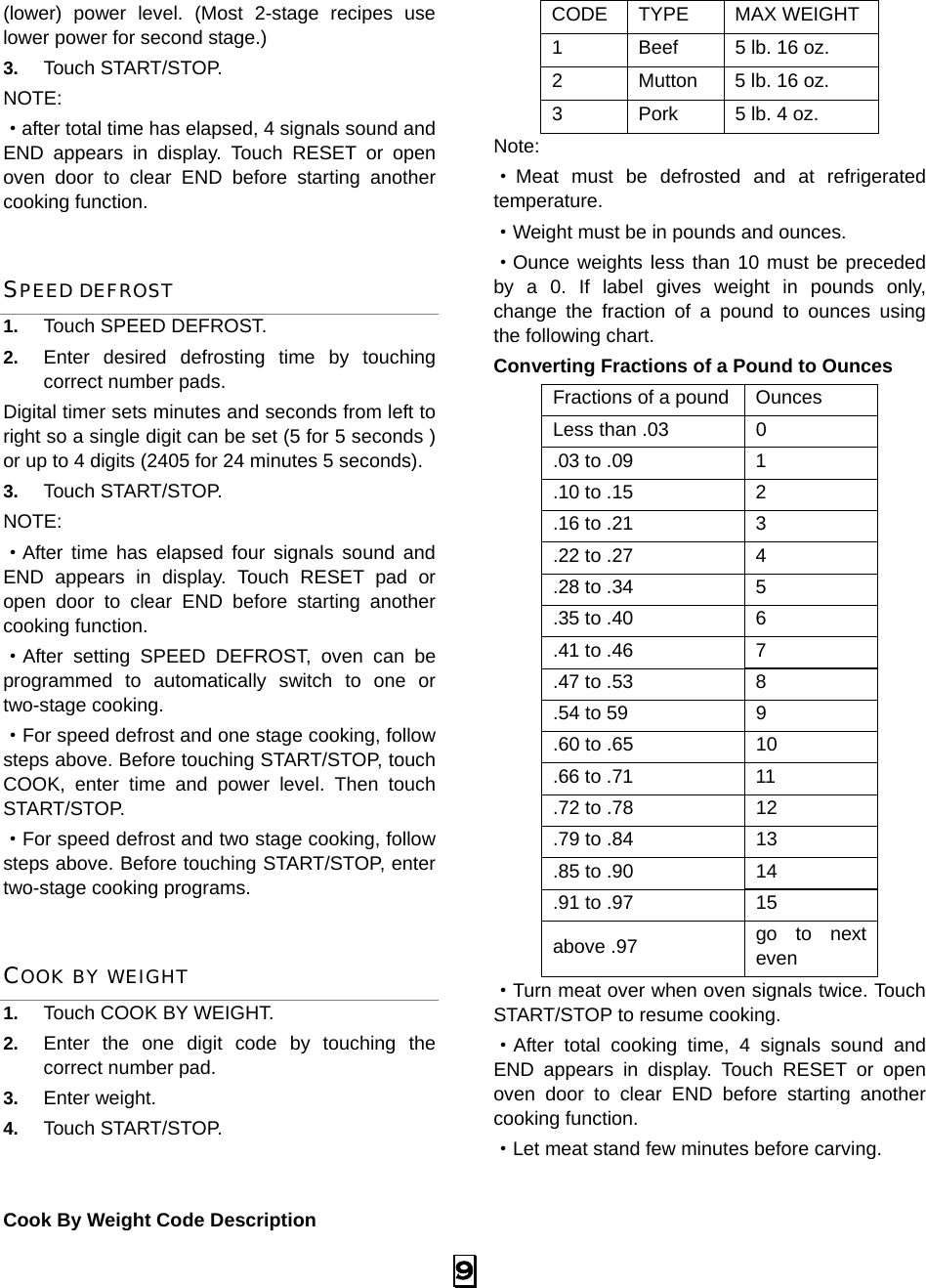  9 (lower) power level. (Most 2-stage recipes use lower power for second stage.)   3.  Touch START/STOP.   NOTE:  ·after total time has elapsed, 4 signals sound and END appears in display. Touch RESET or open oven door to clear END before starting another cooking function. SPEED DEFROST 1.  Touch SPEED DEFROST. 2.  Enter desired defrosting time by touching correct number pads.   Digital timer sets minutes and seconds from left to right so a single digit can be set (5 for 5 seconds ) or up to 4 digits (2405 for 24 minutes 5 seconds).   3.  Touch START/STOP. NOTE:  ·After time has elapsed four signals sound and END appears in display. Touch RESET pad or open door to clear END before starting another cooking function. ·After setting SPEED DEFROST, oven can be programmed to automatically switch to one or two-stage cooking. ·For speed defrost and one stage cooking, follow steps above. Before touching START/STOP, touch COOK, enter time and power level. Then touch START/STOP. ·For speed defrost and two stage cooking, follow steps above. Before touching START/STOP, enter two-stage cooking programs. COOK BY WEIGHT 1.  Touch COOK BY WEIGHT. 2.  Enter the one digit code by touching the correct number pad. 3.  Enter weight. 4.  Touch START/STOP.   Cook By Weight Code Description CODE TYPE  MAX WEIGHT 1  Beef  5 lb. 16 oz. 2  Mutton  5 lb. 16 oz. 3  Pork  5 lb. 4 oz. Note: ·Meat must be defrosted and at refrigerated temperature. ·Weight must be in pounds and ounces.   ·Ounce weights less than 10 must be preceded by a 0. If label gives weight in pounds only, change the fraction of a pound to ounces using the following chart. Converting Fractions of a Pound to Ounces Fractions of a pound  Ounces Less than .03  0 .03 to .09  1 .10 to .15  2 .16 to .21  3 .22 to .27  4 .28 to .34  5 .35 to .40  6 .41 to .46  7 .47 to .53  8 .54 to 59  9 .60 to .65  10 .66 to .71  11 .72 to .78  12 .79 to .84  13 .85 to .90  14 .91 to .97  15 above .97  go to next even ·Turn meat over when oven signals twice. Touch START/STOP to resume cooking. ·After total cooking time, 4 signals sound and END appears in display. Touch RESET or open oven door to clear END before starting another cooking function.   ·Let meat stand few minutes before carving. 