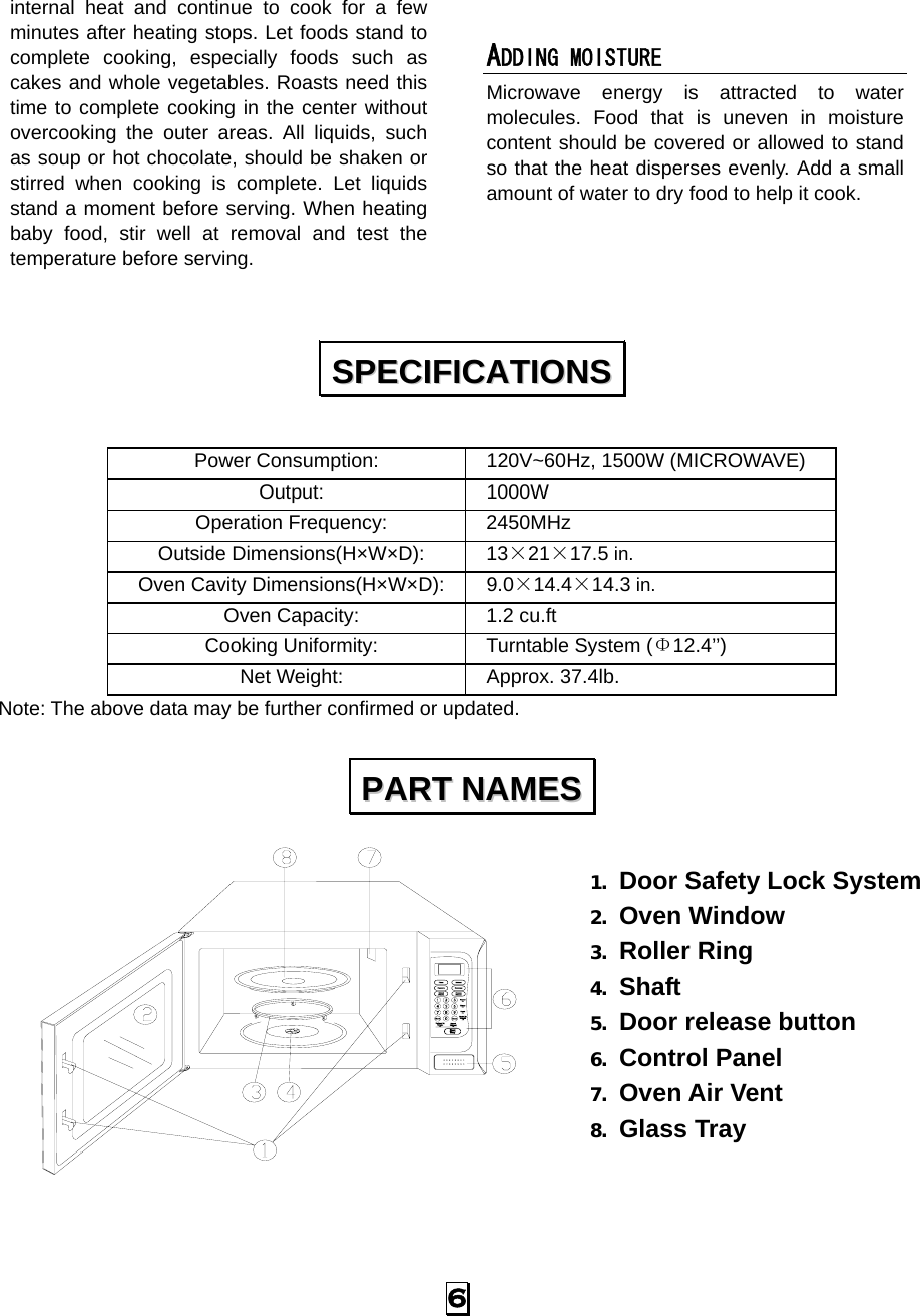  6 internal heat and continue to cook for a few minutes after heating stops. Let foods stand to complete cooking, especially foods such as cakes and whole vegetables. Roasts need this time to complete cooking in the center without overcooking the outer areas. All liquids, such as soup or hot chocolate, should be shaken or stirred when cooking is complete. Let liquids stand a moment before serving. When heating baby food, stir well at removal and test the temperature before serving.  ADDING MOISTURE Microwave energy is attracted to water molecules. Food that is uneven in moisture content should be covered or allowed to stand so that the heat disperses evenly. Add a small amount of water to dry food to help it cook.    Power Consumption:    120V~60Hz, 1500W (MICROWAVE)  Output:   1000W  Operation Frequency:   2450MHz  Outside Dimensions(H×W×D):   13×21×17.5 in.  Oven Cavity Dimensions(H×W×D):   9.0×14.4×14.3 in.  Oven Capacity:    1.2 cu.ft  Cooking Uniformity:    Turntable System (Φ12.4’’)  Net Weight:    Approx. 37.4lb.  Note: The above data may be further confirmed or updated.  1. Door Safety Lock System 2. Oven Window 3. Roller Ring 4. Shaft 5. Door release button   6. Control Panel   7. Oven Air Vent   8. Glass Tray    SSPPEECCIIFFIICCAATTIIOONNSS  PPAARRTT  NNAAMMEESS  