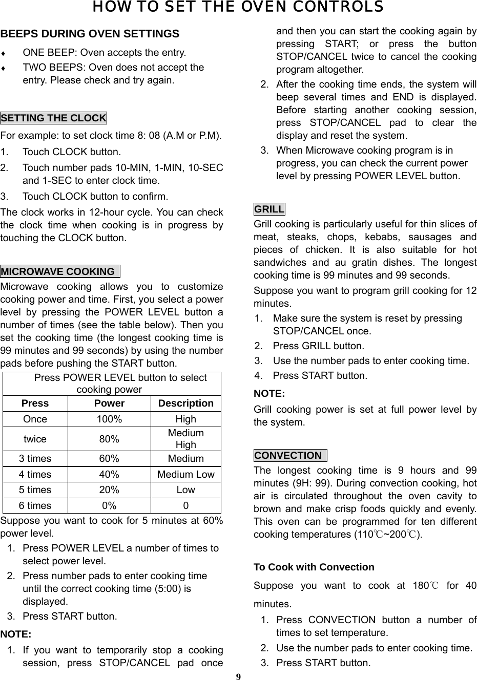  9HOW TO SET THE OVEN CONTROLS BEEPS DURING OVEN SETTINGS ♦ ONE BEEP: Oven accepts the entry. ♦ TWO BEEPS: Oven does not accept the entry. Please check and try again.  SETTING THE CLOCK For example: to set clock time 8: 08 (A.M or P.M). 1.  Touch CLOCK button. 2.  Touch number pads 10-MIN, 1-MIN, 10-SEC and 1-SEC to enter clock time. 3.  Touch CLOCK button to confirm. The clock works in 12-hour cycle. You can check the clock time when cooking is in progress by touching the CLOCK button.  MICROWAVE COOKING   Microwave cooking allows you to customize cooking power and time. First, you select a power level by pressing the POWER LEVEL button a number of times (see the table below). Then you set the cooking time (the longest cooking time is 99 minutes and 99 seconds) by using the number pads before pushing the START button. Press POWER LEVEL button to select cooking power Press Power DescriptionOnce 100%  High twice   80%  Medium High 3 times  60%  Medium   4 times  40%  Medium Low5 times  20%  Low   6 times  0%  0 Suppose you want to cook for 5 minutes at 60% power level.   1.  Press POWER LEVEL a number of times to select power level. 2.  Press number pads to enter cooking time until the correct cooking time (5:00) is displayed. 3. Press START button. NOTE:  1.  If you want to temporarily stop a cooking session, press STOP/CANCEL pad once and then you can start the cooking again by pressing START; or press the button STOP/CANCEL twice to cancel the cooking program altogether. 2.  After the cooking time ends, the system will beep several times and END is displayed. Before starting another cooking session, press STOP/CANCEL pad to clear the display and reset the system. 3.  When Microwave cooking program is in progress, you can check the current power level by pressing POWER LEVEL button.    GRILL Grill cooking is particularly useful for thin slices of meat, steaks, chops, kebabs, sausages and pieces of chicken. It is also suitable for hot sandwiches and au gratin dishes. The longest cooking time is 99 minutes and 99 seconds. Suppose you want to program grill cooking for 12 minutes. 1.  Make sure the system is reset by pressing STOP/CANCEL once. 2. Press GRILL button. 3.  Use the number pads to enter cooking time. 4. Press START button. NOTE: Grill cooking power is set at full power level by the system.    CONVECTION  The longest cooking time is 9 hours and 99 minutes (9H: 99). During convection cooking, hot air is circulated throughout the oven cavity to brown and make crisp foods quickly and evenly. This oven can be programmed for ten different cooking temperatures (110℃~200℃).  To Cook with Convection Suppose you want to cook at 180℃ for 40 minutes. 1.  Press CONVECTION button a number of times to set temperature. 2.  Use the number pads to enter cooking time. 3. Press START button. 