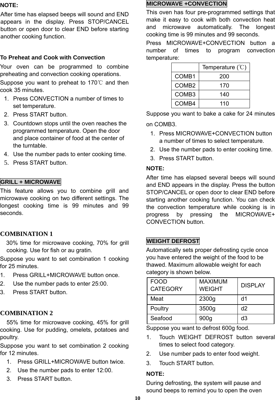  10NOTE:  After time has elapsed beeps will sound and END appears in the display. Press STOP/CANCEL button or open door to clear END before starting another cooking function.    To Preheat and Cook with Convection Your oven can be programmed to combine preheating and convection cooking operations.   Suppose you want to preheat to 170℃ and then cook 35 minutes. 1.  Press CONVECTION a number of times to set temperature. 2. Press START button. 3.  Countdown stops until the oven reaches the programmed temperature. Open the door and place container of food at the center of the turntable. 4.  Use the number pads to enter cooking time. 5. Press START button.  GRILL + MICROWAVE This feature allows you to combine grill and microwave cooking on two different settings. The longest cooking time is 99 minutes and 99 seconds.    COMBINATION 1   30% time for microwave cooking, 70% for grill cooking. Use for fish or au gratin. Suppose you want to set combination 1 cooking for 25 minutes. 1.  Press GRILL+MICROWAVE button once. 2.  Use the number pads to enter 25:00. 3. Press START button.  COMBINATION 2   55% time for microwave cooking, 45% for grill cooking. Use for pudding, omelets, potatoes and poultry. Suppose you want to set combination 2 cooking for 12 minutes. 1.  Press GRILL+MICROWAVE button twice. 2.  Use the number pads to enter 12:00. 3. Press START button.  MICROWAVE +CONVECTION This oven has four pre-programmed settings that make it easy to cook with both convection heat and microwave automatically. The longest cooking time is 99 minutes and 99 seconds. Press MICROWAVE+CONVECTION button a number of times to program convection temperature:  Temperature (℃) COMB1 200 COMB2 170 COMB3 140 COMB4 110 Suppose you want to bake a cake for 24 minutes on COMB3. 1. Press MICROWAVE+CONVECTION button a number of times to select temperature. 2.  Use the number pads to enter cooking time.   3. Press START button. NOTE:  After time has elapsed several beeps will sound and END appears in the display. Press the button STOP/CANCEL or open door to clear END before starting another cooking function. You can check the convection temperature while cooking is in progress by pressing the MICROWAVE+ CONVECTION button.  WEIGHT DEFROST Automatically sets proper defrosting cycle once you have entered the weight of the food to be thawed. Maximum allowable weight for each category is shown below. FOOD CATEGORY MAXIMUM WEIGHT  DISPLAY Meat 2300g d1 Poultry 3500g d2 Seafood   900g  d3 Suppose you want to defrost 600g food. 1.  Touch WEIGHT DEFROST button several times to select food category. 2.  Use number pads to enter food weight. 3. Touch START button. NOTE: During defrosting, the system will pause and sound beeps to remind you to open the oven 