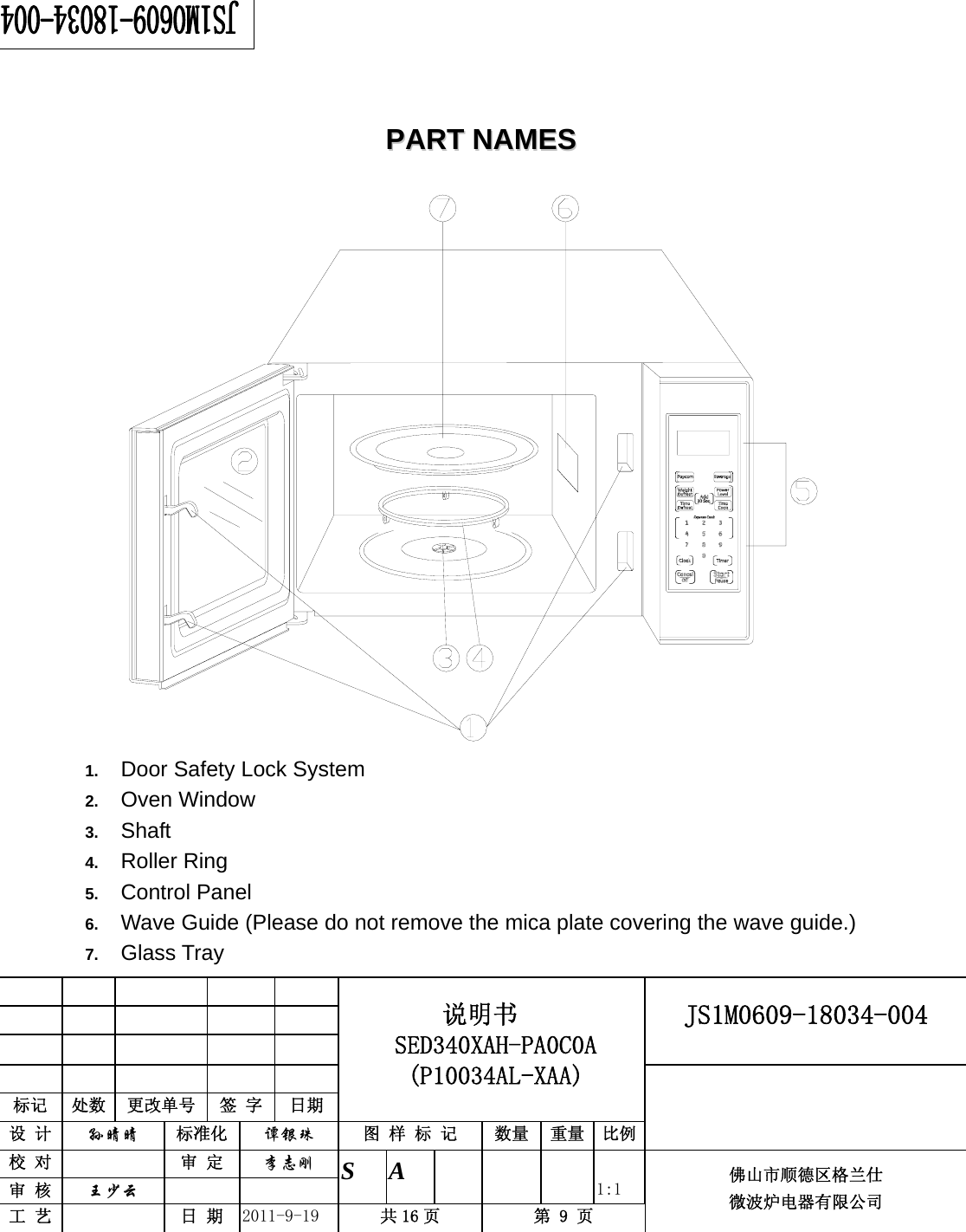                                                     JS1M0609-18034-004            标记  处数  更改单号  签 字 日期 说明书 SED340XAH-PA0C0A (P10034AL-XAA) 设 计  孙晴晴 标准化  谭银珠 图 样 标 记  数量 重量 比例 校 对   审 定  李志刚 审 核  王少云    S A       1:1 工 艺   日 期  2011-9-19  共 16 页  第 9 页 佛山市顺德区格兰仕 微波炉电器有限公司     PPAARRTT  NNAAMMEESS                        1.  Door Safety Lock System 2.  Oven Window 3.  Shaft 4.  Roller Ring 5.  Control Panel 6.  Wave Guide (Please do not remove the mica plate covering the wave guide.) 7.  Glass Tray  