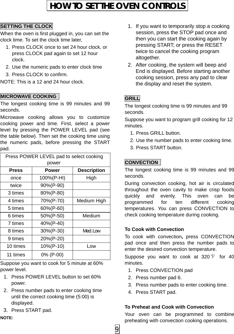   SETTING THE CLOCK When the oven is first plugged in, you can set the clock time. To set the clock time later,   1. Press CLOCK once to set 24 hour clock, or press CLOCK pad again to set 12 hour clock. 2. Use the numeric pads to enter clock time   3. Press CLOCK to confirm. NOTE: This is a 12 and 24 hour clock.  MICROWAVE COOKING   The longest cooking time is 99 minutes and 99 seconds. Microwave cooking allows you to customize cooking power and time. First, select a power level by pressing the POWER LEVEL pad  (see the table below). Then set the cooking time using the numeric pads, before pressing the START pad. Press POWER LEVEL pad to select cooking power Press Power Description once 100%(P-HI) High twice   90%(P-90)  3 times 80%(P-80)  4 times 70%(P-70) Medium High 5 times 60%(P-60)  6 times 50%(P-50) Medium 7 times 40%(P-40)  8 times 30%(P-30) Med. Low 9 times 20%(P-20)  10 times 10%(P-10) Low 11 times 0% (P-00)   Suppose you want to cook for 5 minute at 60% power level.   1.  Press POWER LEVEL button to set 60% power. 2. Press number pads to enter cooking time until the correct cooking time (5:00) is displayed. 3. Press START pad. NOTE:   1. If you want to temporarily stop a cooking session, press the STOP pad once and then you can start the cooking again by pressing START; or press the RESET twice to cancel the cooking program altogether. 2. After cooking, the system will beep and End is displayed. Before starting another cooking session, press any pad to clear the display and reset the system.  GRILL The longest cooking time is 99 minutes and 99 seconds. Suppose you want to program grill cooking for 12 minutes. 1. Press GRILL button. 2. Use the number pads to enter cooking time. 3. Press START button.  CONVECTION   The longest cooking time is 99 minutes and 99 seconds. During convection cooking, hot air is circulated throughout the oven cavity to make crisp foods quickly and evenly. This oven can be programmed for ten different cooking temperatures.  You can press CONVECTION to check cooking temperature during cooking.  To Cook with Convection To cook with convection,  press  CONVECTION pad  once and then press the number pads to enter the desired convection temperature. Suppose you want to cook at 320 ℉ for 40 minutes. 1. Press CONVECTION pad   2. Press number pad 6. 3. Press number pads to enter cooking time. 4. Press START pad.  To Preheat and Cook with Convection Your oven can be programmed to combine preheating with convection cooking operations.   HHOOWW  TTOO  SSEETT  TTHHEE  OOVVEENN  CCOONNTTRROOLLSS   9 
