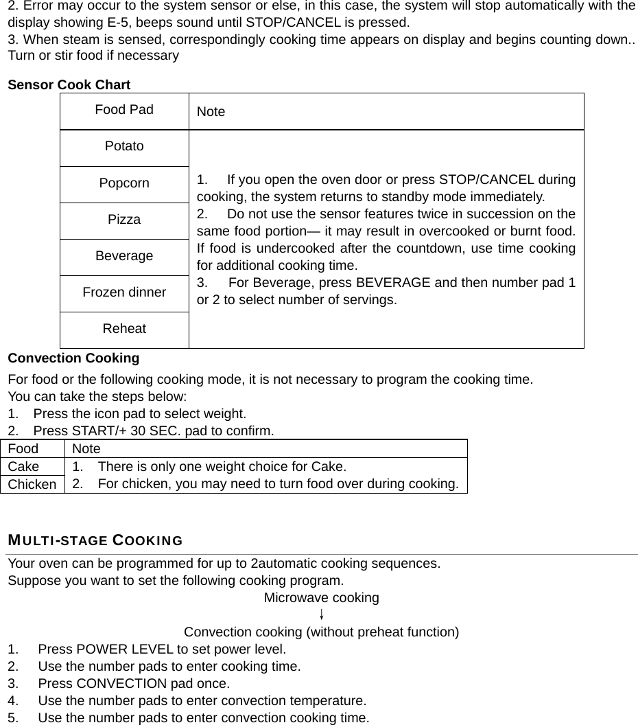  2. Error may occur to the system sensor or else, in this case, the system will stop automatically with the display showing E-5, beeps sound until STOP/CANCEL is pressed.   3. When steam is sensed, correspondingly cooking time appears on display and begins counting down.. Turn or stir food if necessary Sensor Cook Chart Food Pad  Note Potato 1.  If you open the oven door or press STOP/CANCEL during cooking, the system returns to standby mode immediately. 2.  Do not use the sensor features twice in succession on the same food portion— it may result in overcooked or burnt food. If food is undercooked after the countdown, use time cooking for additional cooking time. 3.      For Beverage, press BEVERAGE and then number pad 1 or 2 to select number of servings. Popcorn Pizza Beverage Frozen dinner Reheat Convection Cooking For food or the following cooking mode, it is not necessary to program the cooking time. You can take the steps below: 1.  Press the icon pad to select weight. 2.  Press START/+ 30 SEC. pad to confirm. Food Note Cake  1.  There is only one weight choice for Cake. 2.  For chicken, you may need to turn food over during cooking. Chicken  MULTI-STAGE COOKING Your oven can be programmed for up to 2automatic cooking sequences. Suppose you want to set the following cooking program. Microwave cooking ↓ Convection cooking (without preheat function) 1.  Press POWER LEVEL to set power level. 2.  Use the number pads to enter cooking time. 3.  Press CONVECTION pad once. 4.  Use the number pads to enter convection temperature. 5.  Use the number pads to enter convection cooking time. 