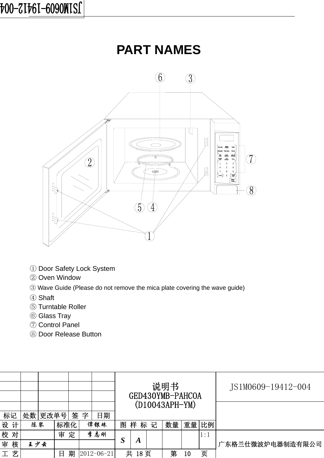                                                  说明书 GED430YMB-PAHCOA (D10043APH-YM) JS1M0609-19412-004                           标记  处数 更改单号  签 字  日期 设 计  陈琴 标准化  谭银珠 图 样 标 记 数量 重量 比例校 对  审 定  李志刚 S A      1:1广东格兰仕微波炉电器制造有限公司审 核  王少云    工 艺  日 期  2012-06-21  共 18 页  第  10   页    PART NAMES                  ① Door Safety Lock System  Oven Window②  ③Wave Guide (Please do not remove the mica plate covering the wave guide)  Shaft④  Turntable Roller⑤  Glass Tray⑥  Control Panel⑦  Door Release Button⑧                                                    