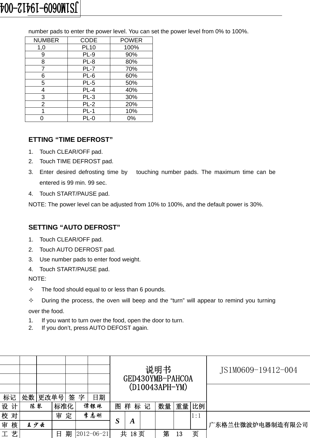                                                  说明书 GED430YMB-PAHCOA (D10043APH-YM) JS1M0609-19412-004                           标记  处数 更改单号  签 字  日期 设 计  陈琴 标准化  谭银珠 图 样 标 记 数量 重量 比例校 对  审 定  李志刚 S A      1:1广东格兰仕微波炉电器制造有限公司审 核  王少云    工 艺  日 期  2012-06-21  共 18 页  第  13   页   number pads to enter the power level. You can set the power level from 0% to 100%.   NUMBER CODE  POWER 1,0 PL10 100% 9 PL-9 90% 8 PL-8 80% 7 PL-7 70% 6 PL-6 60% 5 PL-5 50% 4 PL-4 40% 3 PL-3 30% 2 PL-2 20% 1 PL-1 10% 0 PL-0 0%  ETTING “TIME DEFROST” 1. Touch CLEAR/OFF pad. 2.  Touch TIME DEFROST pad. 3.  Enter desired defrosting time by   touching number pads. The maximum time can be entered is 99 min. 99 sec.   4.  Touch START/PAUSE pad. NOTE: The power level can be adjusted from 10% to 100%, and the default power is 30%.  SETTING “AUTO DEFROST” 1. Touch CLEAR/OFF pad. 2. Touch AUTO DEFROST pad. 3.  Use number pads to enter food weight. 4.  Touch START/PAUSE pad. NOTE:   The food should equal to or less than 6 pounds.   During the process, the oven will beep and the “turn” will appear to remind you turning over the food. 1.  If you want to turn over the food, open the door to turn. 2.  If you don’t, press AUTO DEFOST again.  