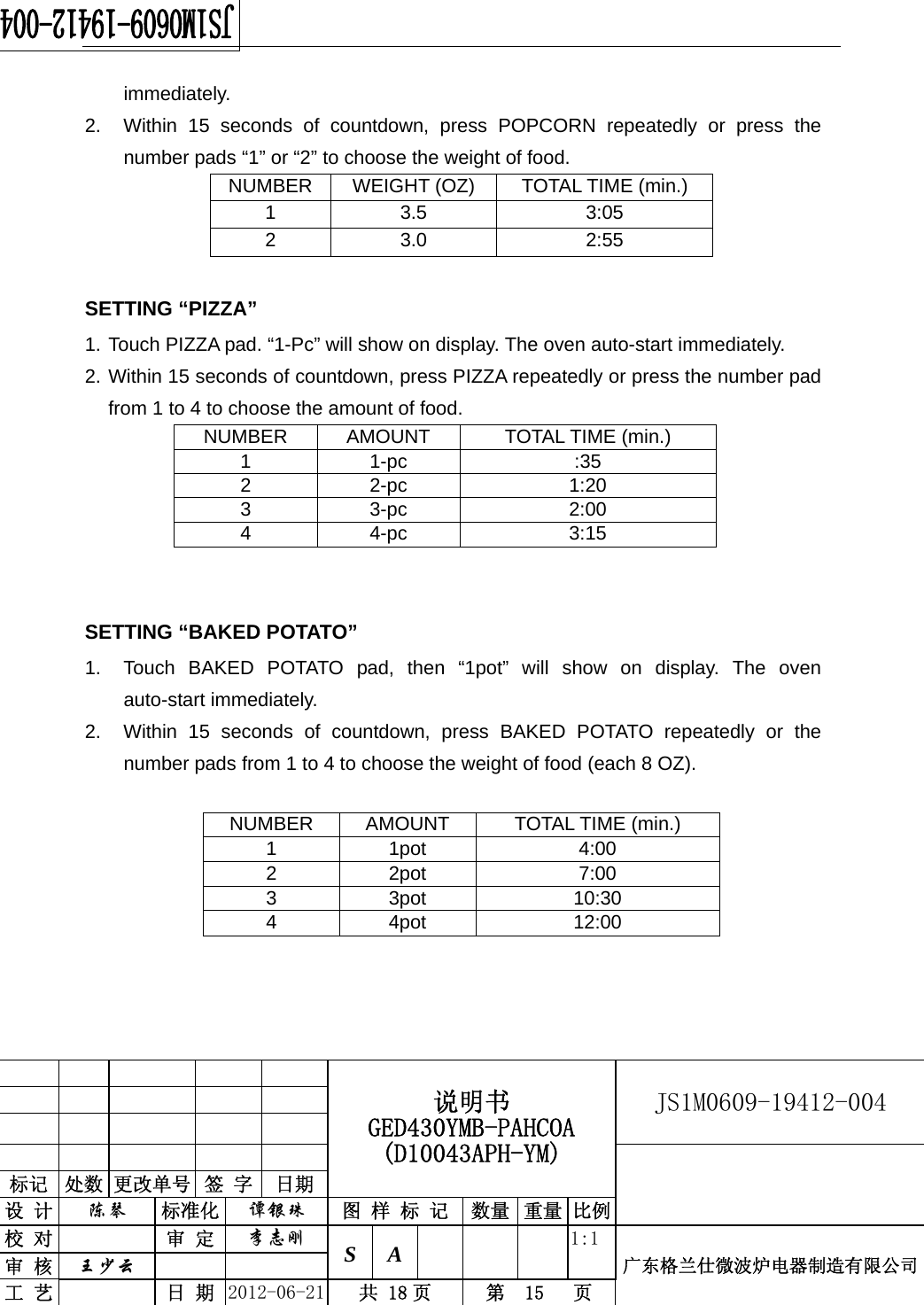                                                  说明书 GED430YMB-PAHCOA (D10043APH-YM) JS1M0609-19412-004                           标记  处数 更改单号  签 字  日期 设 计  陈琴 标准化  谭银珠 图 样 标 记 数量 重量 比例校 对  审 定  李志刚 S A      1:1广东格兰仕微波炉电器制造有限公司审 核  王少云    工 艺  日 期  2012-06-21  共 18 页  第  15   页   immediately. 2.  Within 15 seconds of countdown, press POPCORN repeatedly or press the number pads “1” or “2” to choose the weight of food.   NUMBER  WEIGHT (OZ)  TOTAL TIME (min.) 1 3.5  3:05 2 3.0  2:55  SETTING “PIZZA” 1. Touch PIZZA pad. “1-Pc” will show on display. The oven auto-start immediately. 2. Within 15 seconds of countdown, press PIZZA repeatedly or press the number pad from 1 to 4 to choose the amount of food. NUMBER AMOUNT  TOTAL TIME (min.) 1 1-pc  :35 2 2-pc  1:20 3 3-pc  2:00 4 4-pc  3:15   SETTING “BAKED POTATO” 1.  Touch BAKED POTATO pad, then “1pot” will show on display. The oven auto-start immediately. 2.  Within 15 seconds of countdown, press BAKED POTATO repeatedly or the number pads from 1 to 4 to choose the weight of food (each 8 OZ).  NUMBER AMOUNT  TOTAL TIME (min.) 1 1pot  4:00 2 2pot  7:00 3 3pot  10:30 4 4pot  12:00  