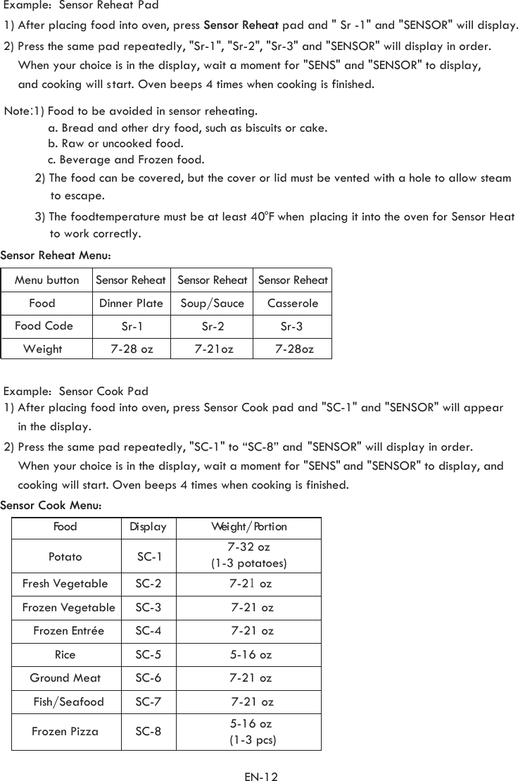 Note:1) Food to be avoided in sensor reheating.            a. Bread and other dry food, such as biscuits or cake.            b. Raw or uncooked food.            c. Beverage and Frozen food.         2) The food can be covered, but the cover or  lid must be vented with a hole to allow steam               to escape.         3)  The food temperature must be at least 40 F when  placing it into the oven for Sensor Heat    to work correctly.°Example:  Sensor Reheat Pad1) After placing food into oven, press Sensor Reheat pad and &quot; Sr -1&quot; and &quot;SENSOR&quot; will display.     2) Press the same pad repeatedly, &quot;Sr-1&quot;, &quot;Sr-2&quot;, &quot;Sr-3&quot; and &quot;SENSOR&quot; will display in order.    When your choice is in the display, wait a moment for &quot;SENS&quot; and &quot;SENSOR&quot; to display,and cooking will start. Oven beeps 4 times when cooking is finished.  EN-12Example:  Sensor Cook Pad1) After placing food into oven, press Sensor Cook pad and &quot;SC-1&quot; and &quot;SENSOR&quot; will appear     in the display. 2) Press the same pad repeatedly, &quot;SC-1&quot; to “SC-8” and &quot;SENSOR&quot; will display in order.      When your choice is in the display, wait a moment for &quot;SENS&quot; and &quot;SENSOR&quot; to display, and      cooking will start. Oven beeps 4 times when cooking is finished.  Sensor Reheat Menu:Soup/SauceMenu buttonFoodFood Code Sr-1 Sr-2 Sr-3Sensor Reheat Dinner PlateSensor Reheat Sensor ReheatCasserole     Weight 7-28 oz  7-21oz  7-28oz SC-1Potato 7-21 ozSC-2Fresh Vegetable 7-21 ozSC-3Frozen Vegetable 7-21 ozSC-4Frozen Entrée 5-16 ozSC-5Rice 7-21 ozSC-6Ground Meat 7-21 ozSC-7Fish/Seafood 5-16 oz (1-3 pcs)SC-8Frozen PizzaFood Weight/PortionDisplaySensor Cook Menu:(1-3 potatoes)7-32 oz