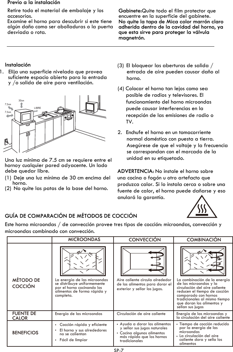 Previo a la instalación Retire todo el material de embalaje y los accesorios.Examine el horno para descubrir si este tiene algún daño como ser abolladuras o la puerta desviada o rota. Gabinete: Quite todo el film protector que encuentre en la superficie del gabinete.No quite la tapa de Mica color marrón claro adherida dentro de la cavidad del horno, yaque esta sirve para proteger la válvula magnetrón.Instalación1. Elija una superficie nivelada que provea suficiente espacio abierto para la entrada Una luz mínima de 7.5 cm se requiere entre el hornoy cualquier pared adyacente. Un lado debe quedar libre. (1) Deje una luz mínima de 30 cm encima del (2) No quite las patas de la base del horno.(3) El bloquear las aberturas de salida / entrada de aire pueden causar daño al horno.normal doméstico con puesta a tierra.Asegúrese de que el voltaje y la frecuenciase correspondan con el marcado de la unidad en su etiquetado.ADVERTENCIA: No instale el horno sobreproduzca calor. Si lo instala cerca o sobre una fuente de calor, el horno puede dañarse y eso anulará la garantía.una cocina o fogón u otro artefacto que horno.2.  Enchufe el horno en un tomacorriente(4) Colocar el horno tan lejos como sea posible de radios y televisores. El funcionamiento del horno microondas puede causar interferencias en la recepción de las emisiones de radio oTV.LIBREy /o salida de aire para ventilación. SP-77.5cm7.5cm30cmMÉTODO DE COCCIÓN MICROONDASLa energía de las microondas se distribuye uniformemente por el horno cocinando los alimentos de forma rápida y completa.Energía de las microondasCocción rápida y eficienteEl horno y sus alrededores no se calientanFácil de limpiarAyuda a dorar los alimentos y sellar sus jugos naturalesCocina algunos alimentos más rápido que los hornos tradicionalesTiempo de cocción reducido por la energía de las microondasLa circulación del aire caliente dora y sella los alimentosEnergía de las microondas y la circulación del aire caliente Aire caliente circula alrededor de los alimentos para dorar el exterior y sellar los jugos.Circulación de aire calienteLa combinación de la energía de las microondas y la circulación del aire caliente reducen el tiempo de cocción comparado con hornos tradicionales al mismo tiempo que doran los alimentos y sellan sus jugosCONVECCIÓN COMBINACIÓNFUENTE DE CALORBENEFICIOSEste horno microondas / de convección provee tres tipos de cocción: microondas, convección y microondas combinado con convección.GUÍA DE COMPARACIÓN DE MÉTODOS DE COCCIÓN