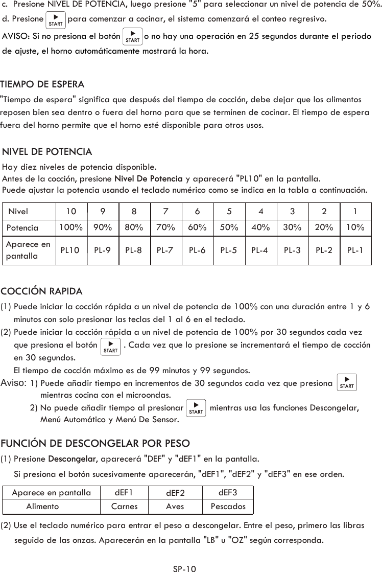 c.  Presione NIVEL DE POTENCIA, luego presione &quot;5&quot; para seleccionar un nivel de potencia de 50%. d. Presione         para comenzar a cocinar, el sistema comenzará el conteo regresivo.AVISO: Si no presiona el botón         o no hay una operación en 25 segundos durante el periodo de ajuste, el horno automáticamente mostrará la hora.NIVEL DE POTENCIAHay diez niveles de potencia disponible. Antes de la cocción, presione Nivel De Potencia y aparecerá &quot;PL10&quot; en la pantalla.     Puede ajustar la potencia usando el teclado numérico como se indica en la tabla a continuación. COCCIÓN RAPIDA(1) Puede iniciar la cocción rápida a un nivel de potencia de 100% con una duración entre 1 y 6      minutos con solo presionar las teclas del 1 al 6 en el teclado. (2) Puede iniciar la cocción rápida a un nivel de potencia de 100% por 30 segundos cada vez      que presiona el botón          . Cada vez que lo presione se incrementará el tiempo de cocción      en 30 segundos.      El tiempo de cocción máximo es de 99 minutos y 99 segundos. Aviso: 1) Puede añadir tiempo en incrementos de 30 segundos cada vez que presiona                 mientras cocina con el microondas.                        2) No puede añadir tiempo al presionar          mientras usa las funciones Descongelar,        Menú Automático y Menú De Sensor.              FUNCIÓN DE DESCONGELAR POR PESO(1) Presione Descongelar, aparecerá &quot;DEF&quot; y &quot;dEF1&quot; en la pantalla.  Si presiona el botón sucesivamente aparecerán, &quot;dEF1&quot;, &quot;dEF2&quot; y &quot;dEF3&quot; en ese orden.   (2) Use el teclado numérico para entrar el peso a descongelar. Entre el peso, primero las libras  dEF1 dEF2 dEF3Aparece en pantallaAlimento Carnes Aves PescadosSP-10TIEMPO DE ESPERA&quot;Tiempo de espera&quot; significa que después del tiempo de cocción, debe dejar que los alimentos reposen bien sea dentro o fuera del horno para que se terminen de cocinar. El tiempo de espera fuera del horno permite que el horno esté disponible para otros usos. NivelPotencia10100%990%880%770%660%550%440%330%220%110%PL10 PL-9 PL-8 PL-7 PL-6 PL-5 PL-4 PL-3 PL-2  PL-1Aparece en pantallaseguido de las onzas. Aparecerán en la pantalla &quot;LB&quot; u &quot;OZ&quot; según corresponda.