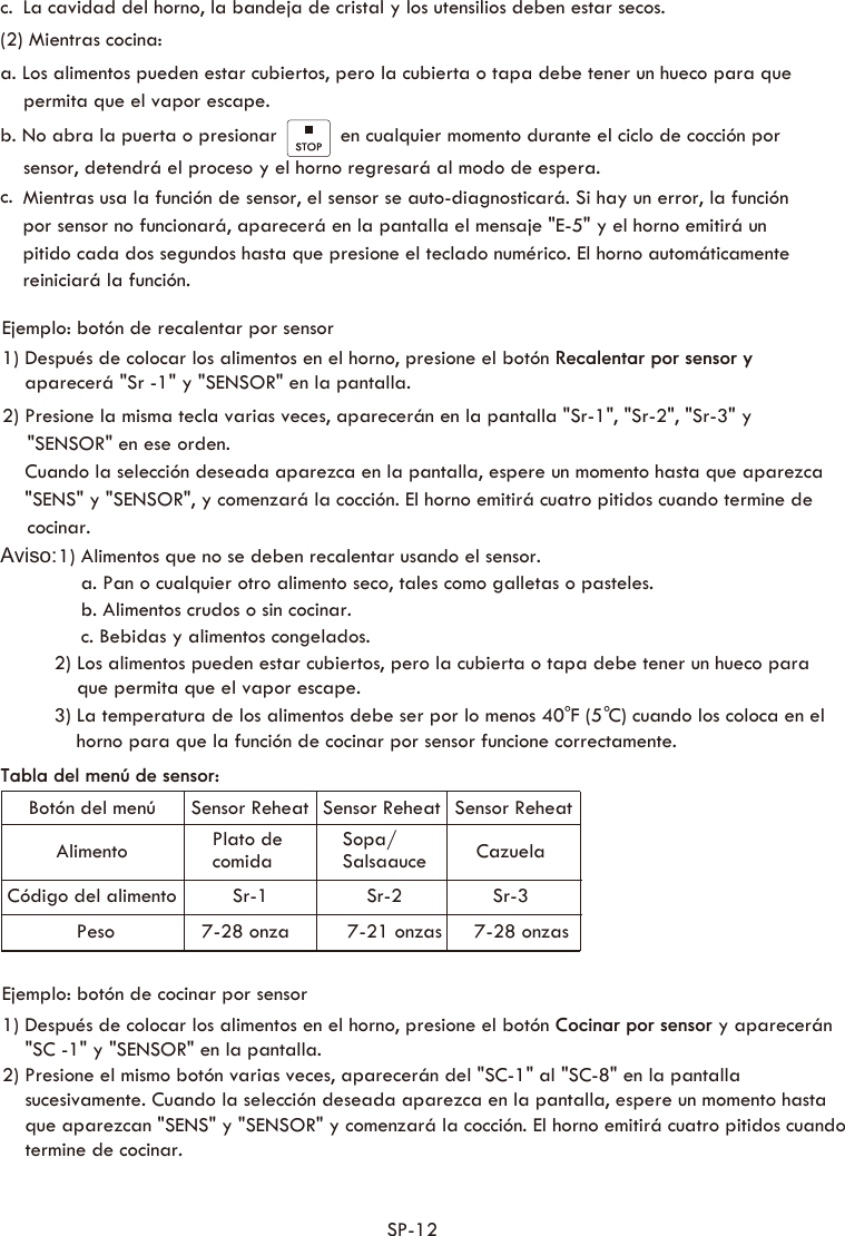 SP-12Aviso:1) Alimentos que no se deben recalentar usando el sensor.            a. Pan o cualquier otro alimento seco, tales como galletas o pasteles.             b. Alimentos crudos o sin cocinar.             c. Bebidas y alimentos congelados.         2) Los alimentos pueden estar cubiertos, pero la cubierta o tapa debe tener un hueco para             que permita que el vapor escape.        3) La temperatura de los alimentos debe ser por lo menos 40 F (5 C) cuando los coloca en el horno para que la función de cocinar por sensor funcione correctamente. Ejemplo: botón de recalentar por sensor 1) Después de colocar los alimentos en el horno, presEjemplo: botón de cocinar por sensor1) Después de colocar los alimentos en el horno, presione el botón Cocinar por sensor y aparecerán    &quot;SC -1&quot; y &quot;SENSOR&quot; en la pantalla.2) Presione el mismo botón varias veces, aparecerán del &quot;SC-1&quot; al &quot;SC-8&quot; en la pantalla     sucesivamente. Cuando la selección deseada aparezca en la pantalla, espere un momento hasta     que aparezcan &quot;SENS&quot; y &quot;SENSOR&quot; y comenzará la cocción. El horno emitirá cuatro pitidos cuando     termine de cocinar.ione el botón Recalentar por sensor y     aparecerá &quot;Sr -1&quot; y &quot;SENSOR&quot; en la pantalla.2) Presione la misma tecla varias veces, aparecerán en la pantalla &quot;Sr-1&quot;, &quot;Sr-2&quot;, &quot;Sr-3&quot; y     Cuando la selección deseada aparezca en la pantalla, espere un momento hasta que aparezca     &quot;SENS&quot; y &quot;SENSOR&quot;, y comenzará la cocción. El horno emitirá cuatro pitidos cuando termine de       &quot;SENSOR&quot; en ese orden. cocinar.c.  (2) Mientras cocina:a. Los alimentos pueden estar cubiertos, pero la cubierta o tapa debe tener un hueco para que     permita que el vapor escape.b. No abra la puerta o presionar           en cualquier momento durante el ciclo de cocción por     sensor, detendrá el proceso y el horno regresará al modo de espera.     c.   La cavidad del horno, la bandeja de cristal y los utensilios deben estar secos. Mientras usa la función de sensor, el sensor se auto-diagnosticará. Si hay un error, la función por sensor no funcionará, aparecerá en la pantalla el mensaje &quot;E-5&quot; y el horno emitirá un pitido cada dos segundos hasta que presione el teclado numérico. El horno automáticamente reiniciará la función.° °Tabla del menú de sensor: Sopa/SalsaauceBotón del menúAlimentoCódigo del alimento Sr-1 Sr-2 Sr-3Sensor Reheat    Plato de comidaSensor Reheat  Sensor Reheat Cazuela      Peso           7-28 onza  7-21 onzas  7-28 onzas