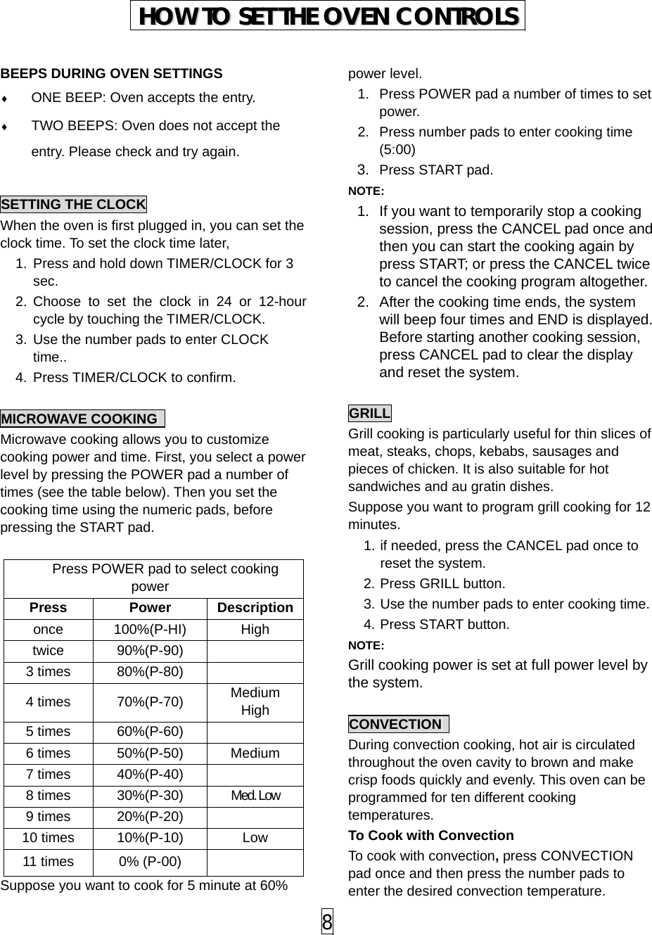  8  BEEPS DURING OVEN SETTINGS ♦ ONE BEEP: Oven accepts the entry. ♦ TWO BEEPS: Oven does not accept the entry. Please check and try again.  SETTING THE CLOCK When the oven is first plugged in, you can set the clock time. To set the clock time later,   1.  Press and hold down TIMER/CLOCK for 3 sec. 2. Choose to set the clock in 24 or 12-hour cycle by touching the TIMER/CLOCK. 3.  Use the number pads to enter CLOCK time.. 4. Press TIMER/CLOCK to confirm.  MICROWAVE COOKING   Microwave cooking allows you to customize cooking power and time. First, you select a power level by pressing the POWER pad a number of times (see the table below). Then you set the cooking time using the numeric pads, before pressing the START pad.  Press POWER pad to select cooking power Press Power Descriptiononce 100%(P-HI)  High twice   90%(P-90)   3 times  80%(P-80)   4 times  70%(P-70)  Medium High 5 times  60%(P-60)   6 times  50%(P-50)  Medium 7 times  40%(P-40)   8 times  30%(P-30)  Med. Low 9 times  20%(P-20)   10 times  10%(P-10)  Low 11 times  0% (P-00)   Suppose you want to cook for 5 minute at 60% power level.   1.  Press POWER pad a number of times to set power. 2.  Press number pads to enter cooking time (5:00)  3.  Press START pad. NOTE:  1.  If you want to temporarily stop a cooking session, press the CANCEL pad once and then you can start the cooking again by press START; or press the CANCEL twice to cancel the cooking program altogether. 2.  After the cooking time ends, the system will beep four times and END is displayed. Before starting another cooking session, press CANCEL pad to clear the display and reset the system.   GRILL Grill cooking is particularly useful for thin slices of meat, steaks, chops, kebabs, sausages and pieces of chicken. It is also suitable for hot sandwiches and au gratin dishes. Suppose you want to program grill cooking for 12 minutes. 1. if needed, press the CANCEL pad once to reset the system. 2. Press GRILL button. 3. Use the number pads to enter cooking time. 4. Press START button. NOTE: Grill cooking power is set at full power level by the system.    CONVECTION  During convection cooking, hot air is circulated throughout the oven cavity to brown and make crisp foods quickly and evenly. This oven can be programmed for ten different cooking temperatures. To Cook with Convection To cook with convection, press CONVECTION pad once and then press the number pads to enter the desired convection temperature. HHOOWW  TTOO  SSEETT  TTHHEE  OOVVEENN  CCOONNTTRROOLLSS  