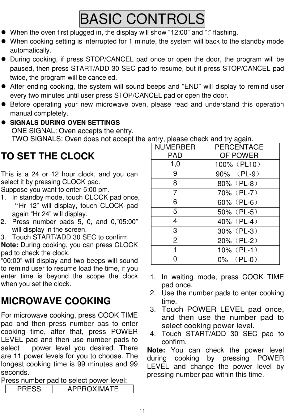  11  BASIC CONTROLS   When the oven first plugged in, the display will show “12:00” and “:” flashing.   When cooking setting is interrupted for 1 minute, the system will back to the standby mode automatically.     During cooking, if press STOP/CANCEL pad once or open the door, the program will be paused, then press START/ADD 30 SEC pad to resume, but if press STOP/CANCEL pad twice, the program will be canceled.   After ending cooking, the system will sound beeps and “END” will display to remind user every two minutes until user press STOP/CANCEL pad or open the door.   Before  operating  your  new microwave  oven,  please  read  and  understand  this  operation manual completely.  SIGNALS DURING OVEN SETTINGS ONE SIGNAL: Oven accepts the entry. TWO SIGNALS: Oven does not accept the entry, please check and try again. TO SET THE CLOCK This  is  a  24  or  12  hour  clock,  and  you can select it by pressing CLOCK pad.   Suppose you want to enter 5:00 pm. 1.  In standby mode, touch CLOCK pad once,“Hr  12”  will  display,  touch  CLOCK  pad again “Hr 24” will display. 2.  Press  number  pads  5,  0,  and  0,”05:00” will display in the screen. 3.  Touch START/ADD 30 SEC to confirm Note: During cooking, you can press CLOCK pad to check the clock. “00:00” will display and two beeps will sound to remind user to resume load the time, if you enter  time  is  beyond  the  scope  the  clock when you set the clock. MICROWAVE COOKING For microwave cooking, press COOK TIME pad  and  then  press  number  pas  to  enter cooking  time,  after  that,  press  POWER LEVEL pad and then use number pads to select      power  level  you  desired.  There are 11 power levels for you to choose. The longest cooking time is 99 minutes and 99 seconds. Press number pad to select power level: PRESS APPROXIMATE NUMERBER PAD PERCENTAGE OF POWER 1,0 100%（PL10） 9 90%  （PL-9） 8 80%（PL-8） 7 70%（PL-7） 6 60%（PL-6） 5 50%（PL-5） 4 40%（PL-4） 3 30%（PL-3） 2 20%（PL-2） 1 10%（PL-1） 0 0%  （PL-0）  1.  In  waiting  mode,  press  COOK  TIME pad once. 2.  Use the number pads to enter cooking time. 3. Touch  POWER  LEVEL  pad  once, and  then  use  the  number  pad  to select cooking power level.  4.  Touch  START/ADD  30  SEC  pad  to confirm. Note:  You  can  check  the  power  level during  cooking  by  pressing  POWER LEVEL  and  change  the  power  level  by pressing number pad within this time. 