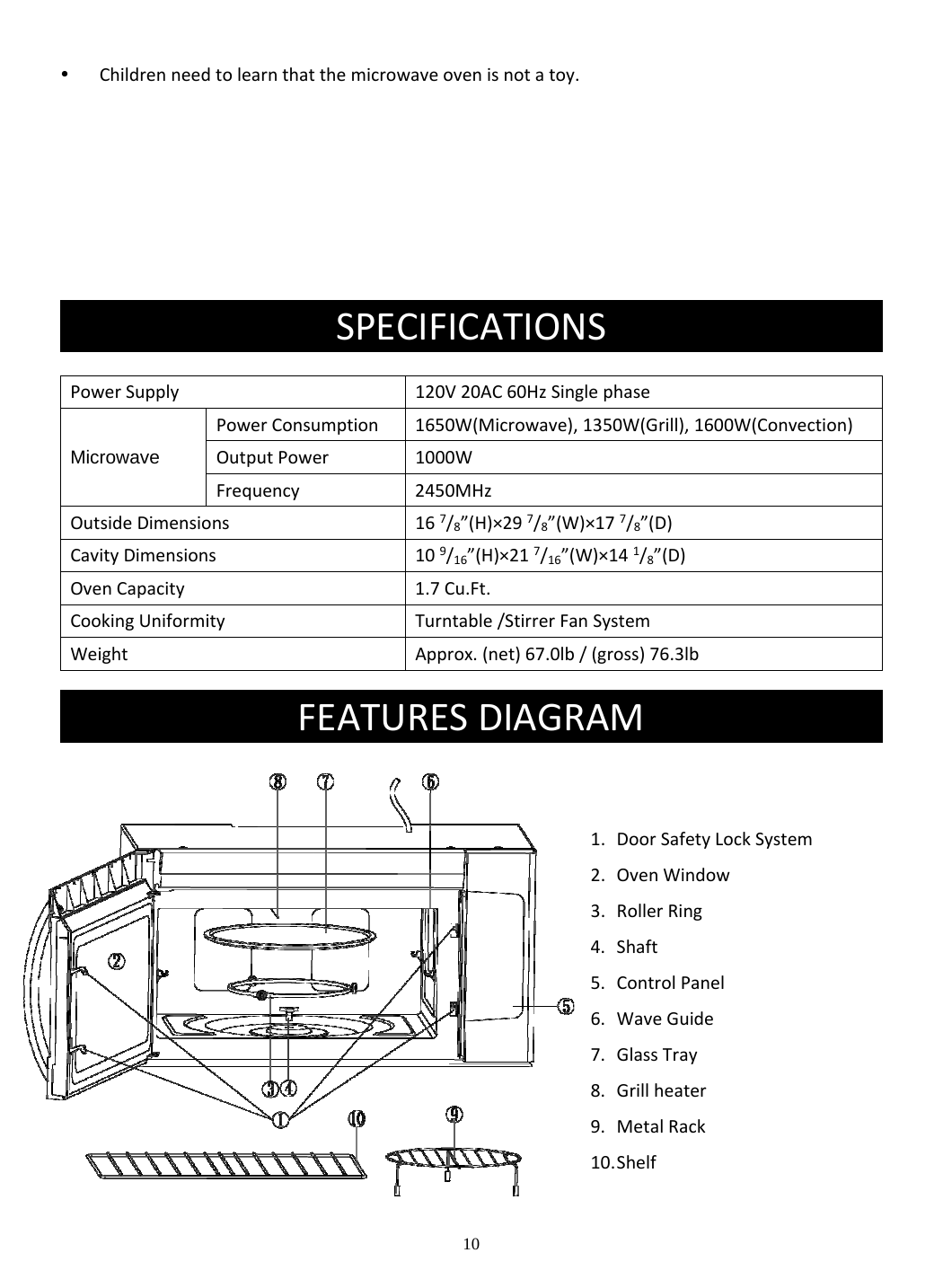 10  Childrenneedtolearnthatthemicrowaveovenisnotatoy.            PowerSupply120V20AC60HzSinglephaseMicrowave  PowerConsumption1650W(Microwave),1350W(Grill),1600W(Convection)OutputPower1000WFrequency 2450MHzOutsideDimensions167/8”(H)×297/8”(W)×177/8”(D)CavityDimensions 109/16”(H)×217/16”(W)×141/8”(D)OvenCapacity 1.7Cu.Ft.CookingUniformity Turntable/StirrerFanSystemWeight Approx.(net)67.0lb/(gross)76.3lb     1. DoorSafetyLockSystem2. OvenWindow3. RollerRing4. Shaft5. ControlPanel6. WaveGuide7. GlassTray8. Grillheater9. MetalRack10. ShelfSPECIFICATIONSFEATURESDIAGRAM