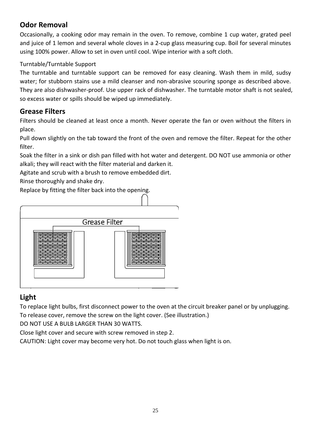 25 OdorRemovalOccasionally,acookingodormayremainintheoven.Toremove,combine1cupwater,gratedpeelandjuiceof1lemonandseveralwholeclovesina2‐cupglassmeasuringcup.Boilforseveralminutesusing100%power.Allowtosetinovenuntilcool.Wipeinteriorwithasoftcloth.Turntable/TurntableSupportTheturntableandturntablesupportcanberemovedforeasycleaning.Washtheminmild,sudsywater;forstubbornstainsuseamildcleanserandnon‐abrasivescouringspongeasdescribedabove.Theyarealsodishwasher‐proof.Useupperrackofdishwasher.Theturntablemotorshaftisnotsealed,soexcesswaterorspillsshouldbewipedupimmediately.GreaseFiltersFiltersshouldbecleanedatleastonceamonth.Neveroperatethefanorovenwithoutthefiltersinplace.Pulldownslightlyonthetabtowardthefrontoftheovenandremovethefilter.Repeatfortheotherfilter.Soakthefilterinasinkordishpanfilledwithhotwateranddetergent.DONOTuseammoniaorotheralkali;theywillreactwiththefiltermaterialanddarkenit.Agitateandscrubwithabrushtoremoveembeddeddirt.Rinsethoroughlyandshakedry.Replacebyfittingthefilterbackintotheopening.LightToreplacelightbulbs,firstdisconnectpowertotheovenatthecircuitbreakerpanelorbyunplugging.Toreleasecover,removethescrewonthelightcover.(Seeillustration.)DONOTUSEABULBLARGERTHAN30WATTS.Closelightcoverandsecurewithscrewremovedinstep2.CAUTION:Lightcovermaybecomeveryhot.Donottouchglasswhenlightison.