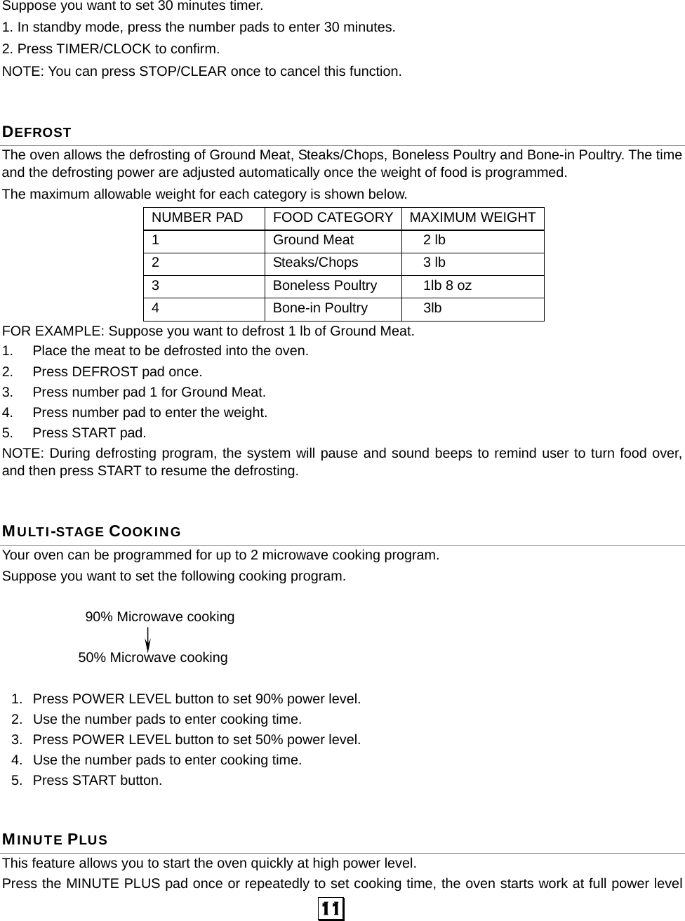  11   Suppose you want to set 30 minutes timer. 1. In standby mode, press the number pads to enter 30 minutes. 2. Press TIMER/CLOCK to confirm. NOTE: You can press STOP/CLEAR once to cancel this function. DEFROST The oven allows the defrosting of Ground Meat, Steaks/Chops, Boneless Poultry and Bone-in Poultry. The time and the defrosting power are adjusted automatically once the weight of food is programmed.   The maximum allowable weight for each category is shown below. NUMBER PAD  FOOD CATEGORY MAXIMUM WEIGHT 1  Ground Meat    2 lb 2  Steaks/Chops    3 lb 3  Boneless Poultry    1lb 8 oz 4 Bone-in Poultry 3lb FOR EXAMPLE: Suppose you want to defrost 1 lb of Ground Meat. 1.  Place the meat to be defrosted into the oven. 2.  Press DEFROST pad once. 3.  Press number pad 1 for Ground Meat. 4.  Press number pad to enter the weight. 5. Press START pad. NOTE: During defrosting program, the system will pause and sound beeps to remind user to turn food over, and then press START to resume the defrosting. MULTI-STAGE COOKING Your oven can be programmed for up to 2 microwave cooking program. Suppose you want to set the following cooking program.  90% Microwave cooking  50% Microwave cooking    1.  Press POWER LEVEL button to set 90% power level. 2.  Use the number pads to enter cooking time. 3.  Press POWER LEVEL button to set 50% power level. 4.  Use the number pads to enter cooking time. 5. Press START button. MINUTE PLUS This feature allows you to start the oven quickly at high power level. Press the MINUTE PLUS pad once or repeatedly to set cooking time, the oven starts work at full power level 