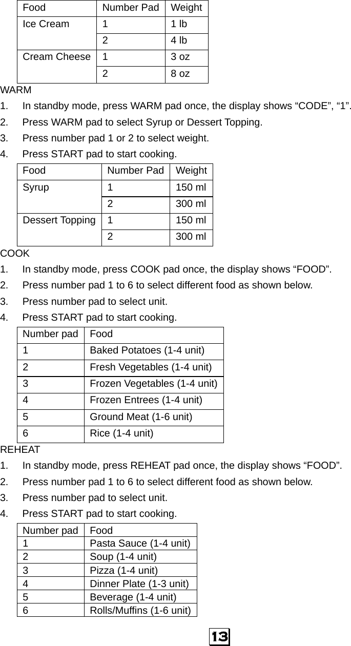  13   Food Number Pad Weight1 1 lb Ice Cream 2 4 lb 1 3 oz  Cream Cheese 2 8 oz  WARM 1.  In standby mode, press WARM pad once, the display shows “CODE”, “1”. 2.  Press WARM pad to select Syrup or Dessert Topping. 3.  Press number pad 1 or 2 to select weight. 4.  Press START pad to start cooking. Food Number Pad Weight1 150 mlSyrup 2 300 ml1 150 mlDessert Topping 2 300 mlCOOK 1.  In standby mode, press COOK pad once, the display shows “FOOD”. 2.  Press number pad 1 to 6 to select different food as shown below. 3.  Press number pad to select unit. 4.  Press START pad to start cooking. Number pad  Food 1  Baked Potatoes (1-4 unit) 2  Fresh Vegetables (1-4 unit) 3  Frozen Vegetables (1-4 unit)4  Frozen Entrees (1-4 unit) 5  Ground Meat (1-6 unit) 6  Rice (1-4 unit) REHEAT 1.  In standby mode, press REHEAT pad once, the display shows “FOOD”. 2.  Press number pad 1 to 6 to select different food as shown below. 3.  Press number pad to select unit. 4.  Press START pad to start cooking. Number pad  Food 1  Pasta Sauce (1-4 unit)2  Soup (1-4 unit) 3 Pizza (1-4 unit) 4  Dinner Plate (1-3 unit)5 Beverage (1-4 unit) 6  Rolls/Muffins (1-6 unit)