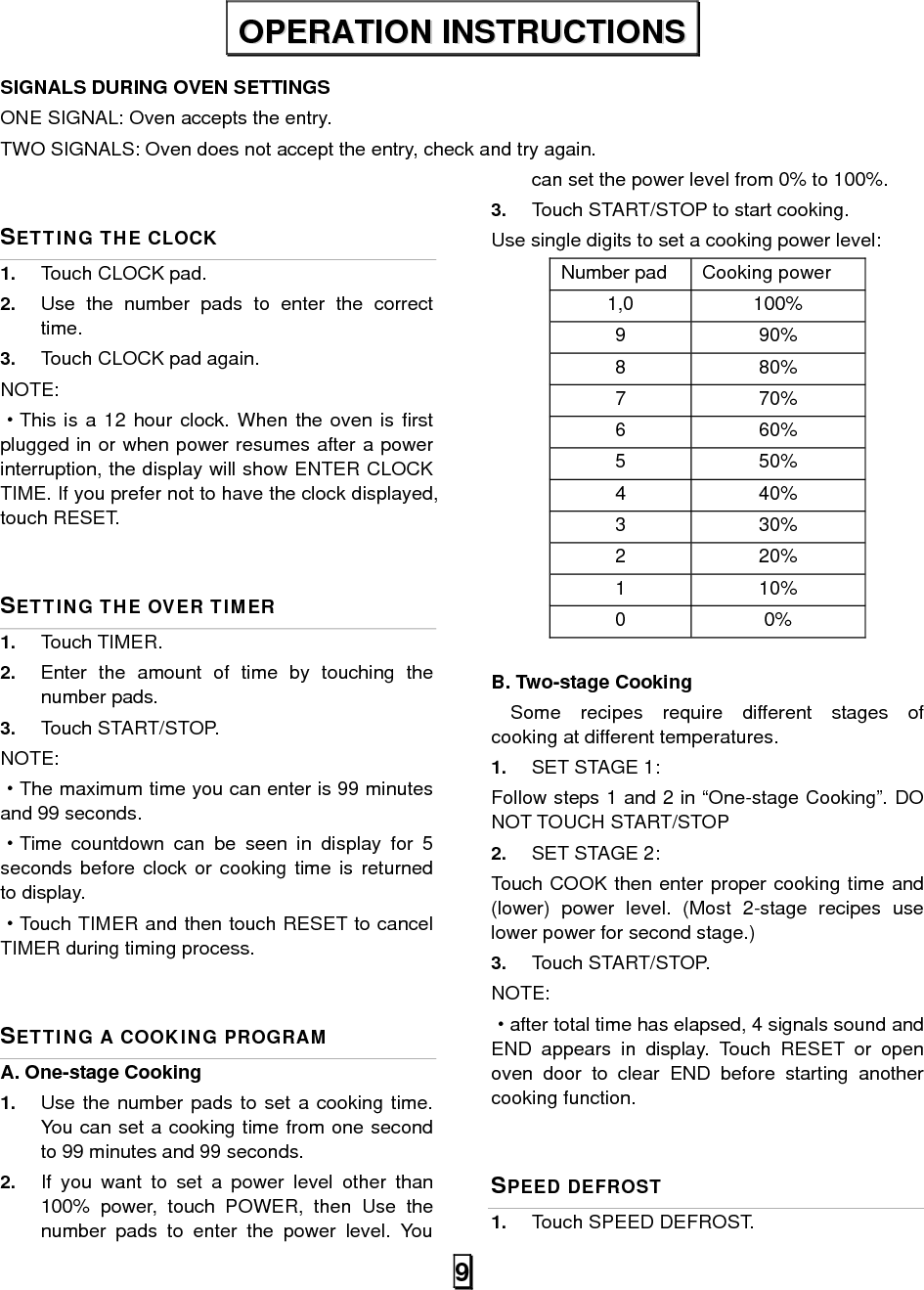  102.  Enter desired defrosting time by touching correct number pads.   3.  Touch START/STOP. NOTE:  ·After time has elapsed four signals sound and END appears in display. Touch RESET pad or open door to clear END before starting another cooking function. ·After setting SPEED DEFROST, oven can be programmed to automatically switch to one or two-stage cooking. ·For speed defrost and one stage cooking, follow steps above. Before touching START/STOP, touch COOK, enter time and power level. Then touch START/STOP. ·For speed defrost and two stage cooking, follow steps above. Before touching START/STOP, enter two-stage cooking programs. COOK BY WEIGHT 1.  Touch COOK BY WEIGHT. 2.  Enter the one digit code by touching the correct number pad (1~3). 3.  Enter weight by touching number pads. 4.  Touch START/STOP. Cook By Weight Code Description CODE TYPE  MAX WEIGHT 1  Beef  5 lb. 16 oz. 2  Mutton  5 lb. 16 oz. 3  Pork  5 lb. 4 oz. Note: ·Weight must be in pounds and ounces.   ·Ounce weights less than 10 must be preceded by a 0. If label gives weight in pounds only, change the fraction of a pound to ounces using the following chart. Converting Fractions of a Pound to Ounces Fractions of a pound  Ounces Less than .03  0 .03 to .09  1 .10 to .15  2 .16 to .21  3 .22 to .27  4 .28 to .34  5 .35 to .40  6 .41 to .46  7 .47 to .53  8 .54 to 59  9 .60 to .65  10 .66 to .71  11 .72 to .78  12 .79 to .84  13 .85 to .90  14 .91 to .97  15 above .97  go to next even ·During cooking, the system will pause automatically and sound to remind user to turn meat over. After that touch START/STOP to resume cooking. ·After total cooking time, 4 signals sound and END appears in display. Touch RESET or open oven door to clear END before starting another cooking function.   DEFROST BY WEIGHT 1.  Touch DEFROST BY WEIGHT pad. 2.  Enter weight by touching number pads. 3.  Touch START/STOP pad. NOTE: ·Weight must be in pounds and ounces. Ounce weights less than 10 must be preceded by a 0. If label gives weight in pounds only, change the fraction of a pound to ounces using the chart given above. ·During defrosting the system will sound to remind user to turn food over, then touch START/STOP pad to resume defrosting. ·After total defrosting time, 4 signals sound and END appears in display. Touch RESET or open oven door to clear END before starting another cooking function.   