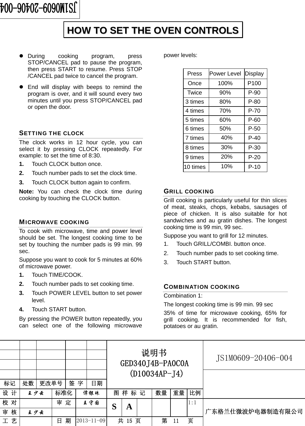                                          说明书    GED340J4B-PA0C0A  (D10034AP-J4)   JS1M0609-20406-004                           标记  处数  更改单号  签 字 日期 设 计  王少云 标准化  谭银珠 图 样 标 记  数量 重量 比例校 对   审 定  王守国 S A       1:1 广东格兰仕微波炉电器制造有限公司审 核  王少云    工 艺   日 期  2013-11-09  共 15 页  第  11   页     z During cooking program, press STOP/CANCEL pad to pause the program, then press START to resume. Press STOP /CANCEL pad twice to cancel the program. z  End will display with beeps to remind the program is over, and it will sound every two minutes until you press STOP/CANCEL pad or open the door. SETTING THE CLOCK The clock works in 12 hour cycle, you can select it by pressing CLOCK repeatedly. For example: to set the time of 8:30. 1.  Touch CLOCK button once. 2.  Touch number pads to set the clock time. 3.  Touch CLOCK button again to confirm. Note:  You can check the clock time during cooking by touching the CLOCK button. MICROWAVE COOKING To cook with microwave, time and power level should be set. The longest cooking time to be set by touching the number pads is 99 min. 99 sec.  Suppose you want to cook for 5 minutes at 60% of microwave power. 1.  Touch TIME/COOK. 2.  Touch number pads to set cooking time. 3.  Touch POWER LEVEL button to set power level. 4.  Touch START button. By pressing the POWER button repeatedly, you can select one of the following microwave power levels:  Press Power Level Display  Once 100% P100 Twice 90% P-90 3 times 80%  P-80 4 times 70%  P-70 5 times 60%  P-60 6 times 50%  P-50 7 times 40%  P-40 8 times 30%  P-30 9 times 20%  P-20 10 times 10%  P-10 GRILL COOKING Grill cooking is particularly useful for thin slices of meat, steaks, chops, kebabs, sausages of piece of chicken. It is also suitable for hot sandwiches and au gratin dishes. The longest cooking time is 99 min, 99 sec. Suppose you want to grill for 12 minutes. 1.  Touch GRILL/COMBI. button once. 2.  Touch number pads to set cooking time. 3. Touch START button. COMBINATION COOKING Combination 1:   The longest cooking time is 99 min. 99 sec 35% of time for microwave cooking, 65% for grill cooking. It is recommended for fish, potatoes or au gratin. HHOOWW  TTOO  SSEETT  TTHHEE  OOVVEENN  CCOONNTTRROOLLSS  