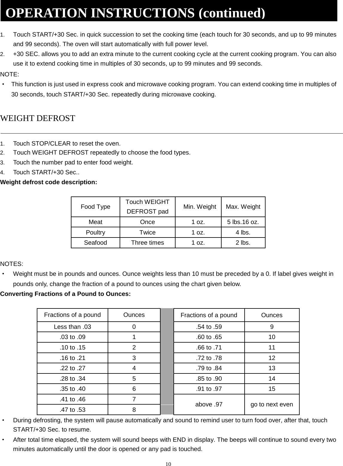10 1. Touch START/+30 Sec. in quick succession to set the cooking time (each touch for 30 seconds, and up to 99 minutesand 99 seconds). The oven will start automatically with full power level.2. +30 SEC. allows you to add an extra minute to the current cooking cycle at the current cooking program. You can alsouse it to extend cooking time in multiples of 30 seconds, up to 99 minutes and 99 seconds.NOTE: ·This function is just used in express cook and microwave cooking program. You can extend cooking time in multiples of30 seconds, touch START/+30 Sec. repeatedly during microwave cooking.WEIGHT DEFROST 1. Touch STOP/CLEAR to reset the oven.2. Touch WEIGHT DEFROST repeatedly to choose the food types.3. Touch the number pad to enter food weight.4. Touch START/+30 Sec..Weight defrost code description: Food Type Touch WEIGHT DEFROST pad Min. Weight Max. Weight Meat Once 1 oz.  5 lbs.16 oz. Poultry Twice 1 oz.  4 lbs. Seafood Three times 1 oz.  2 lbs. NOTES: ·Weight must be in pounds and ounces. Ounce weights less than 10 must be preceded by a 0. If label gives weight inpounds only, change the fraction of a pound to ounces using the chart given below.Converting Fractions of a Pound to Ounces: Fractions of a pound Ounces  Fractions of a pound Ounces Less than .03  0  .54 to .59  9 .03 to .09  1  .60 to .65 10 .10 to .15  2  .66 to .71 11 .16 to .21  3  .72 to .78 12 .22 to .27  4  .79 to .84 13 .28 to .34  5  .85 to .90 14 .35 to .40  6  .91 to .97 15 .41 to .46  7  above .97 go to next even .47 to .53  8 ·During defrosting, the system will pause automatically and sound to remind user to turn food over, after that, touchSTART/+30 Sec. to resume.·After total time elapsed, the system will sound beeps with END in display. The beeps will continue to sound every twominutes automatically until the door is opened or any pad is touched.OPERATION INSTRUCTIONS (continued) 