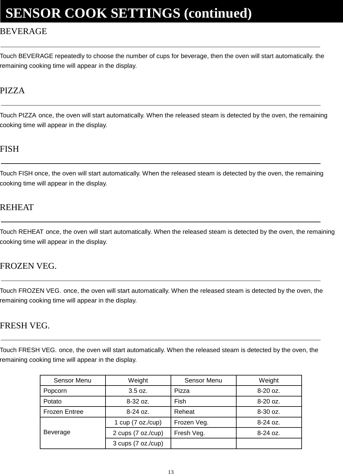 13 BEVERAGE Touch BEVERAGE repeatedly to choose the number of cups for beverage, then the oven will start automatically. the remaining cooking time will appear in the display.   PIZZA Touch PIZZA once, the oven will start automatically. When the released steam is detected by the oven, the remaining cooking time will appear in the display.FISH Touch FISH once, the oven will start automatically. When the released steam is detected by the oven, the remaining cooking time will appear in the display.REHEAT Touch REHEAT once, the oven will start automatically. When the released steam is detected by the oven, the remaining cooking time will appear in the display.FROZEN VEG. Touch FROZEN VEG. once, the oven will start automatically. When the released steam is detected by the oven, the remaining cooking time will appear in the display.FRESH VEG. Touch FRESH VEG. once, the oven will start automatically. When the released steam is detected by the oven, the remaining cooking time will appear in the display.Sensor Menu  Weight  Sensor Menu Weight Popcorn 3.5 oz. Pizza  8-20 oz. Potato  8-32 oz. Fish  8-20 oz. Frozen Entree  8-24 oz. Reheat  8-30 oz. Beverage 1 cup (7 oz./cup)  Frozen Veg.  8-24 oz. 2 cups (7 oz./cup)  Fresh Veg.  8-24 oz. 3 cups (7 oz./cup) SENSOR COOK SETTINGS (continued) 