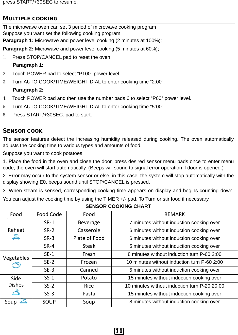  press START/+30SEC to resume. MULTIPLE COOKING The microwave oven can set 3 period of microwave cooking program Suppose you want set the following cooking program: Paragraph 1: Microwave and power level cooking (2 minutes at 100%);   Paragraph 2: Microwave and power level cooking (5 minutes at 60%); 1.  Press STOP/CANCEL pad to reset the oven. Paragraph 1: 2. Touch POWER pad to select “P100” power level. 3. Turn AUTO COOK/TIME/WEIGHT DIAL to enter cooking time “2:00”. Paragraph 2: 4. Touch POWER pad and then use the number pads 6 to select “P60” power level. 5. Turn AUTO COOK/TIME/WEIGHT DIAL to enter cooking time “5:00”. 6.  Press START/+30SEC. pad to start. SENSOR COOK The sensor features detect the increasing humidity released during cooking. The oven automatically adjusts the cooking time to various types and amounts of food. Suppose you want to cook potatoes:   1. Place the food in the oven and close the door, press desired sensor menu pads once to enter menu code, the oven will start automatically. (Beeps will sound to signal error operation if door is opened.)   2. Error may occur to the system sensor or else, in this case, the system will stop automatically with the display showing E0, beeps sound until STOP/CANCEL is pressed.   3. When steam is sensed, corresponding cooking time appears on display and begins counting down. You can adjust the cooking time by using the TIMER +/- pad. To Turn or stir food if necessary.   SENSOR COOKING CHART Food C  Food Code Food REMARK   Reheat  SR-1 Beverage 7 minutes without induction cooking over SR-2 Casserole 6 minutes without induction cooking over SR-3 Plate of Food 6 minutes without induction cooking over SR-4 Steak 5 minutes without induction cooking over Vegetables  SE-1 Fresh 8 minutes without induction turn P-60 2:00 SE-2 Frozen 10 minutes without induction turn P-60 2:00 SE-3 Canned 5 minutes without induction cooking over Side Dishes  SS-1 Potato 15 minutes without induction cooking over SS-2 Rice 10 minutes without induction turn P-20 20:00 SS-3 Pasta 15 minutes without induction cooking over Soup   SOUP Soup 8 minutes without induction cooking over 11  