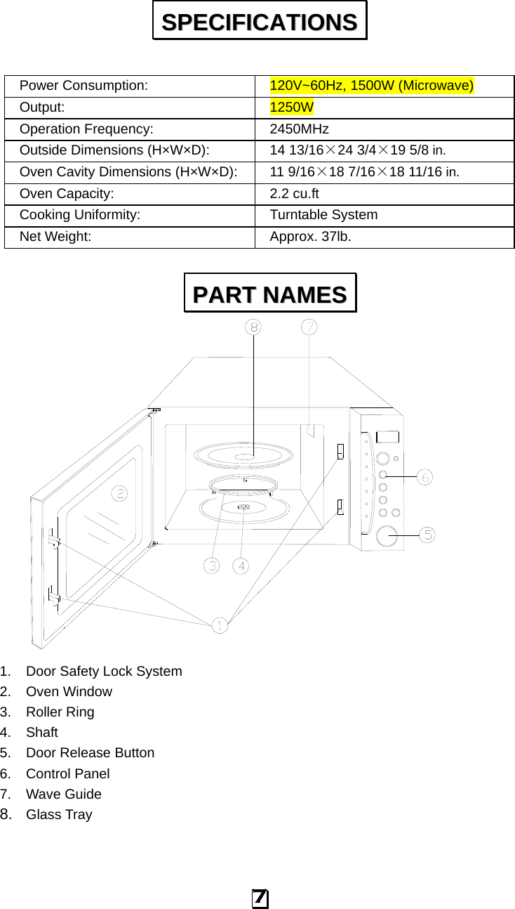   Power Consumption:  120V~60Hz, 1500W (Microwave)  Output:   1250W  Operation Frequency:    2450MHz  Outside Dimensions (H×W×D): 14 13/16×24 3/4×19 5/8 in.  Oven Cavity Dimensions (H×W×D): 11 9/16×18 7/16×18 11/16 in.  Oven Capacity:    2.2 cu.ft  Cooking Uniformity:      Turntable System  Net Weight:    Approx. 37lb.                      1. Door Safety Lock System 2. Oven Window 3. Roller Ring 4. Shaft 5. Door Release Button 6. Control Panel   7. Wave Guide   8. Glass Tray  SSPPEECCIIFFIICCAATTIIOONNSS  PPAARRTT  NNAAMMEESS  7 