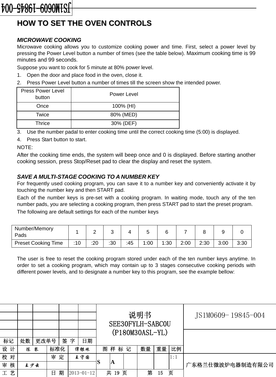                                            说明书 SEE30FYLH-SABC0U (P180M30ASL-YL) JS1M0609- 19845-004                           标记  处数  更改单号  签 字  日期 设 计  陈 琴 标准化  谭银珠 图 样 标 记  数量 重量 比例校 对   审 定  王守国 S A       1:1 广东格兰仕微波炉电器制造有限公司审 核  王少云    工 艺   日 期  2013-01-12  共 19 页  第  15  页    HHOOWW  TTOO  SSEETT  TTHHEE  OOVVEENN  CCOONNTTRROOLLSS MICROWAVE COOKING  Microwave cooking allows you to customize cooking power and time. First, select a power level by pressing the Power Level button a number of times (see the table below). Maximum cooking time is 99 minutes and 99 seconds. Suppose you want to cook for 5 minute at 80% power level. 1.  Open the door and place food in the oven, close it. 2.  Press Power Level button a number of times till the screen show the intended power. Press Power Level button  Power Level Once 100% (HI) Twice 80% (MED) Thrice 30% (DEF) 3.  Use the number padal to enter cooking time until the correct cooking time (5:00) is displayed. 4.  Press Start button to start. NOTE:  After the cooking time ends, the system will beep once and 0 is displayed. Before starting another cooking session, press Stop/Reset pad to clear the display and reset the system.  SAVE A MULTI-STAGE COOKING TO A NUMBER KEY  For frequently used cooking program, you can save it to a number key and conveniently activate it by touching the number key and then START pad.   Each of the number keys is pre-set with a cooking program. In waiting mode, touch any of the ten number pads, you are selecting a cooking program, then press START pad to start the preset program. The following are default settings for each of the number keys   The user is free to reset the cooking program stored under each of the ten number keys anytime. In order to set a cooking program, which may contain up to 3 stages consecutive cooking periods with different power levels, and to designate a number key to this program, see the example bellow:   Number/Memory Pads  1 2 3 4 5 6 7 8 9 0 Preset Cooking Time :10 :20 :30 :45 1:00 1:30 2:00 2:30 3:00 3:30