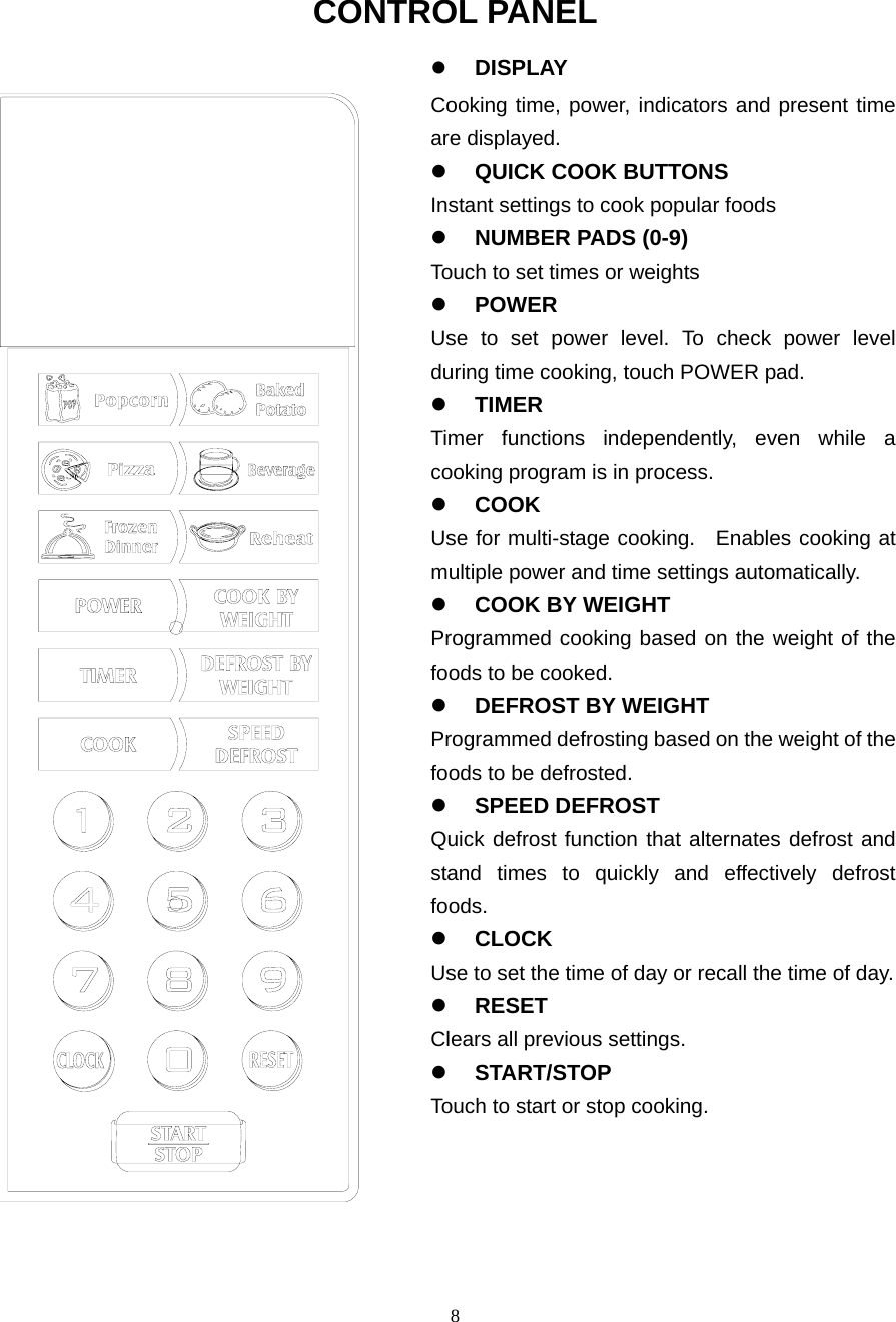  8CONTROL PANEL z DISPLAY Cooking time, power, indicators and present time are displayed.   z QUICK COOK BUTTONS Instant settings to cook popular foods z NUMBER PADS (0-9) Touch to set times or weights z POWER  Use to set power level. To check power level during time cooking, touch POWER pad. z TIMER Timer functions independently, even while a cooking program is in process. z COOK  Use for multi-stage cooking.  Enables cooking at multiple power and time settings automatically. z COOK BY WEIGHT Programmed cooking based on the weight of the foods to be cooked. z DEFROST BY WEIGHT Programmed defrosting based on the weight of the foods to be defrosted. z SPEED DEFROST Quick defrost function that alternates defrost and stand times to quickly and effectively defrost foods. z CLOCK Use to set the time of day or recall the time of day.   z RESET Clears all previous settings.  z START/STOP Touch to start or stop cooking. 