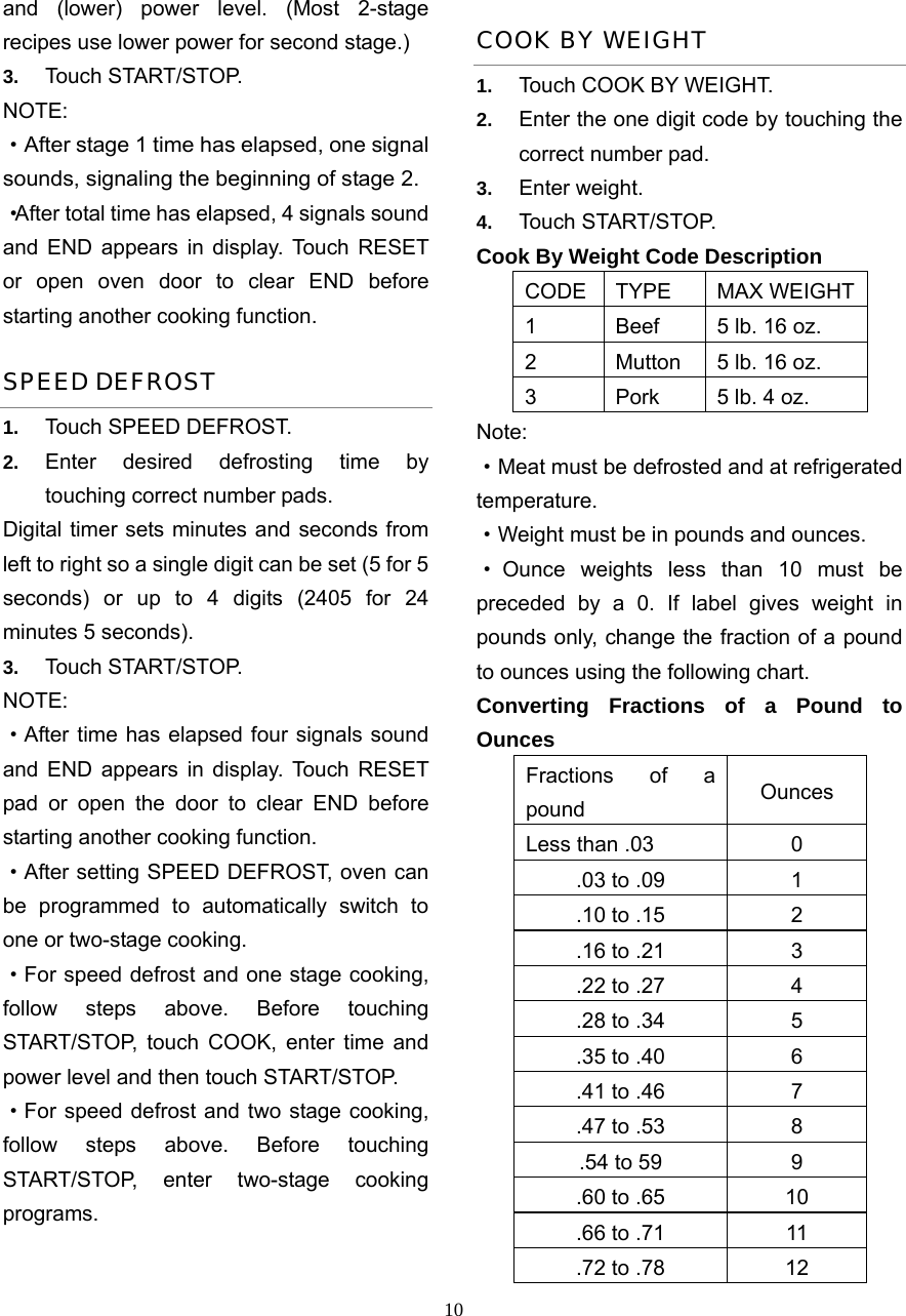  10and (lower) power level. (Most 2-stage recipes use lower power for second stage.)   3.  Touch START/STOP.   NOTE:  ·After stage 1 time has elapsed, one signal sounds, signaling the beginning of stage 2.   ·After total time has elapsed, 4 signals sound and END appears in display. Touch RESET or open oven door to clear END before starting another cooking function. SPEED DEFROST 1.  Touch SPEED DEFROST. 2.  Enter desired defrosting time by touching correct number pads.   Digital timer sets minutes and seconds from left to right so a single digit can be set (5 for 5 seconds) or up to 4 digits (2405 for 24 minutes 5 seconds).   3.  Touch START/STOP. NOTE:  ·After time has elapsed four signals sound and END appears in display. Touch RESET pad or open the door to clear END before starting another cooking function. ·After setting SPEED DEFROST, oven can be programmed to automatically switch to one or two-stage cooking. ·For speed defrost and one stage cooking, follow steps above. Before touching START/STOP, touch COOK, enter time and power level and then touch START/STOP. ·For speed defrost and two stage cooking, follow steps above. Before touching START/STOP, enter two-stage cooking programs. COOK BY WEIGHT 1.  Touch COOK BY WEIGHT. 2.  Enter the one digit code by touching the correct number pad. 3.  Enter weight. 4.  Touch START/STOP. Cook By Weight Code Description CODE TYPE MAX WEIGHT1  Beef  5 lb. 16 oz. 2  Mutton  5 lb. 16 oz. 3  Pork  5 lb. 4 oz. Note: ·Meat must be defrosted and at refrigerated temperature. ·Weight must be in pounds and ounces.   ·Ounce weights less than 10 must be preceded by a 0. If label gives weight in pounds only, change the fraction of a pound to ounces using the following chart. Converting Fractions of a Pound to Ounces Fractions of a pound  Ounces Less than .03  0 .03 to .09  1 .10 to .15  2 .16 to .21  3 .22 to .27  4 .28 to .34  5 .35 to .40  6 .41 to .46  7 .47 to .53  8 .54 to 59  9 .60 to .65  10 .66 to .71  11 .72 to .78  12 