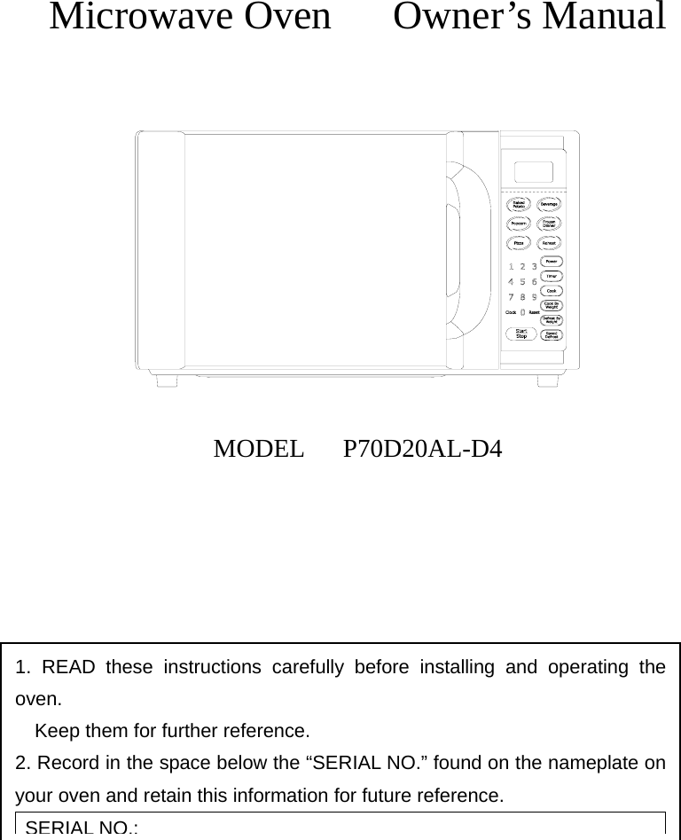Galanz 7020001 Microwave Oven User Manual UHW7020001