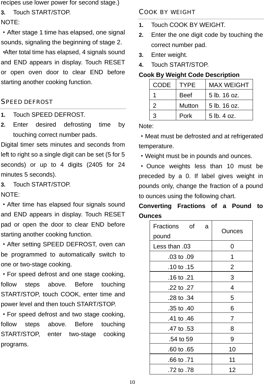  10recipes use lower power for second stage.)   3.  Touch START/STOP.   NOTE:  ·After stage 1 time has elapsed, one signal sounds, signaling the beginning of stage 2.   ·After total time has elapsed, 4 signals sound and END appears in display. Touch RESET or open oven door to clear END before starting another cooking function. SPEED DEFROST 1.  Touch SPEED DEFROST. 2.  Enter desired defrosting time by touching correct number pads.   Digital timer sets minutes and seconds from left to right so a single digit can be set (5 for 5 seconds) or up to 4 digits (2405 for 24 minutes 5 seconds).   3.  Touch START/STOP. NOTE:  ·After time has elapsed four signals sound and END appears in display. Touch RESET pad or open the door to clear END before starting another cooking function. ·After setting SPEED DEFROST, oven can be programmed to automatically switch to one or two-stage cooking. ·For speed defrost and one stage cooking, follow steps above. Before touching START/STOP, touch COOK, enter time and power level and then touch START/STOP. ·For speed defrost and two stage cooking, follow steps above. Before touching START/STOP, enter two-stage cooking programs.  COOK BY WEIGHT 1.  Touch COOK BY WEIGHT. 2.  Enter the one digit code by touching the correct number pad. 3.  Enter weight. 4.  Touch START/STOP. Cook By Weight Code Description CODE TYPE MAX WEIGHT1  Beef  5 lb. 16 oz. 2  Mutton  5 lb. 16 oz. 3  Pork  5 lb. 4 oz. Note: ·Meat must be defrosted and at refrigerated temperature. ·Weight must be in pounds and ounces.   ·Ounce weights less than 10 must be preceded by a 0. If label gives weight in pounds only, change the fraction of a pound to ounces using the following chart. Converting Fractions of a Pound to Ounces Fractions of a pound  Ounces Less than .03  0 .03 to .09  1 .10 to .15  2 .16 to .21  3 .22 to .27  4 .28 to .34  5 .35 to .40  6 .41 to .46  7 .47 to .53  8 .54 to 59  9 .60 to .65  10 .66 to .71  11 .72 to .78  12 